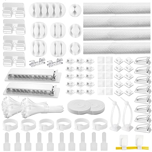 [313Pcs] Cable Management Kit, 67 Adhesive Cable Clips, Topavatop Desk Cord Organizer, 22 Reusable Cable Strap, 4 Cable Sleeve Split, 200 Nylon Cable