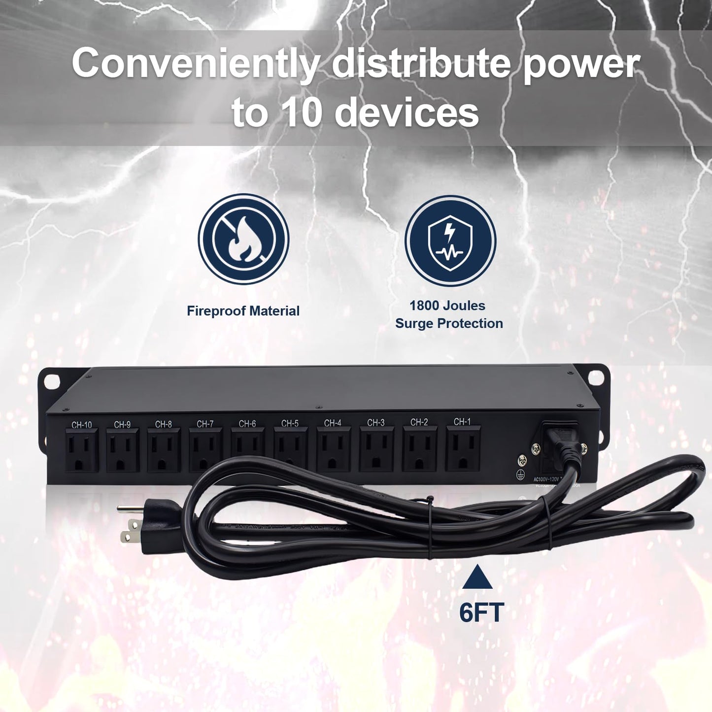 UltraPoE 10-Outlet 1U Horizontal PDU Rack Mount Power Strip - Overload Protector,100-240V/15A/1800 Joules,for Network Servers,Power Conditioner