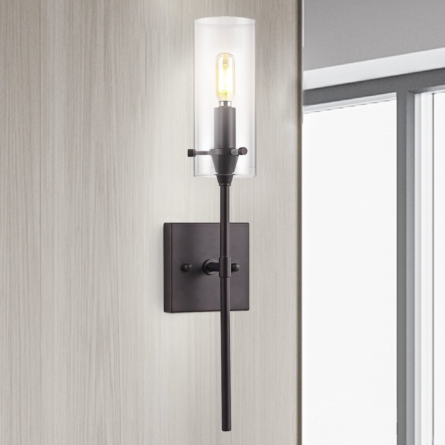 JONATHAN Y 4.5" Oil Rubbed Bronze Modern Farmhouse LED Vanity Light Sconce, Clear Glass Cylinder Shade, Wall Lamp for Bathroom Mirror Hallway