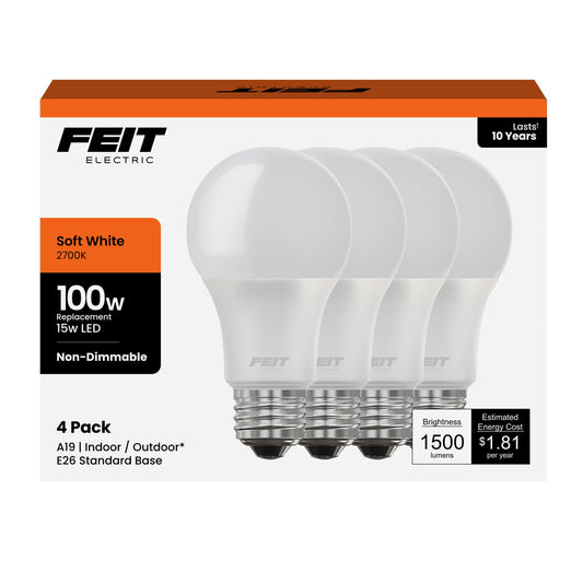 Feit Electric A19 LED Light Bulbs, 100W Equivalent, 1500 Lumens, Soft White 2700K, 15W, 11,000-Hour Lifespan, General Purpose Indoor/Commercial Use