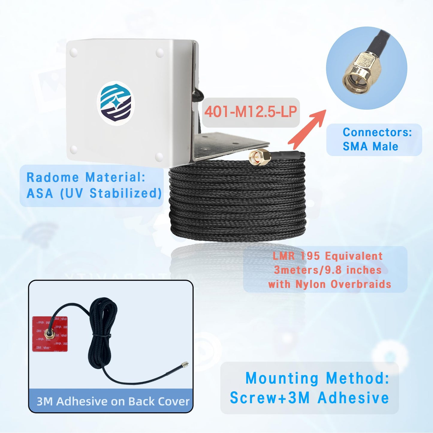 Maswell Cellular Antenna 700-6000 MHz 5G 4G WiFi6 Screw and 3M Adhesive Mount UV Stabilized IP67 Nylon overbraids Cable SMA Male 3dBi Outdoor IoT