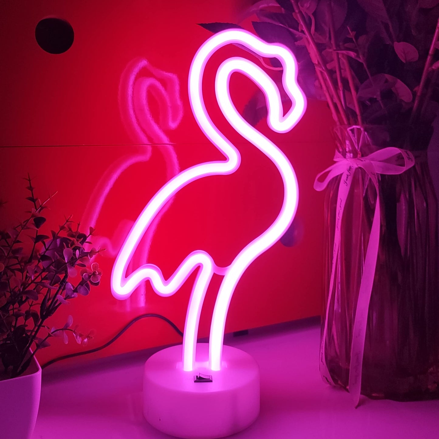 JYWJ Flamingo Neon Sign with Holder Base,USB or 3-AA Battery Powered Neon Light,LED Desktop Wall Decoration,Various Parties,Decoration of Business