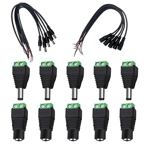 WTGID 5 Pairs of 12V Male and Female 2.1x5.5mm, DC Power Socket Adapter, Cylindrical Connector, Including 10 DC Power Cords, Suitable for CCTV