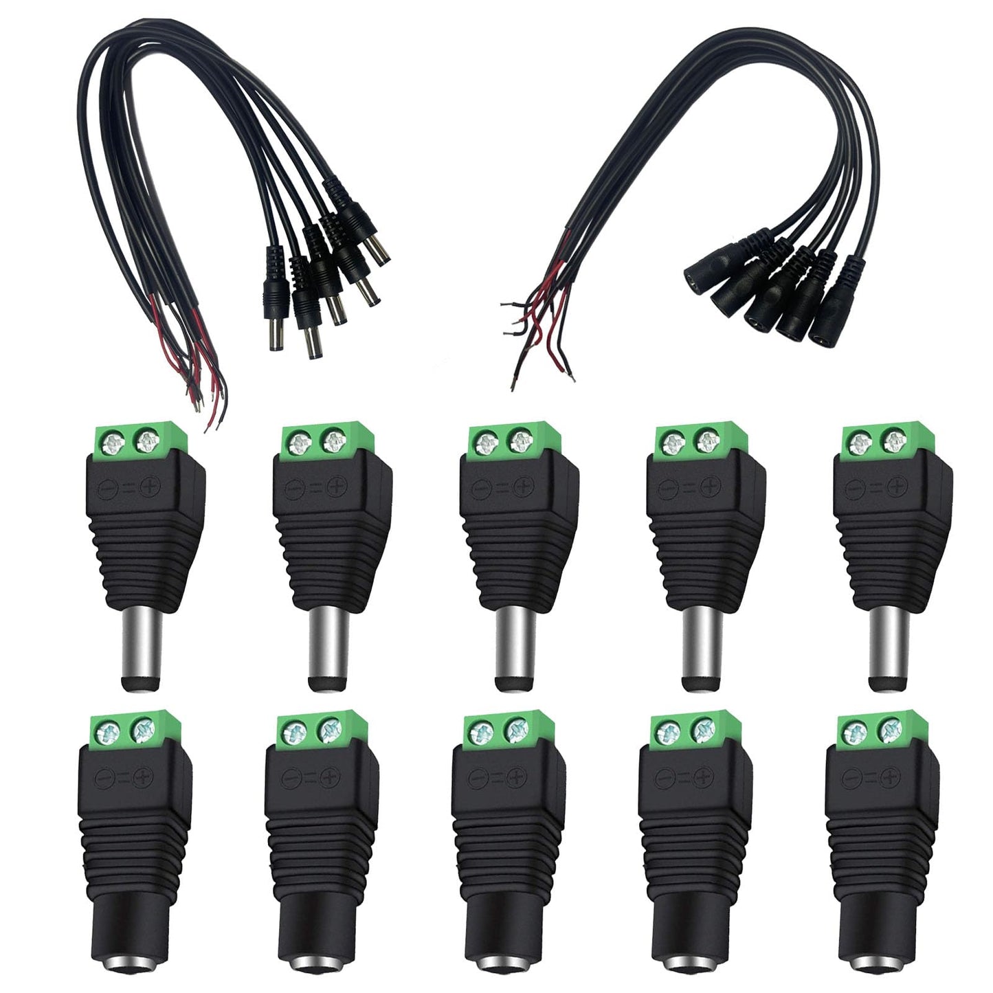 WTGID 5 Pairs of 12V Male and Female 2.1x5.5mm, DC Power Socket Adapter, Cylindrical Connector, Including 10 DC Power Cords, Suitable for CCTV