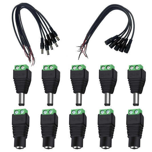WTGID 5 Pairs of 12V Male and Female 2.1x5.5mm, DC Power Socket Adapter, Cylindrical Connector, Including 10 DC Power Cords, Suitable for CCTV