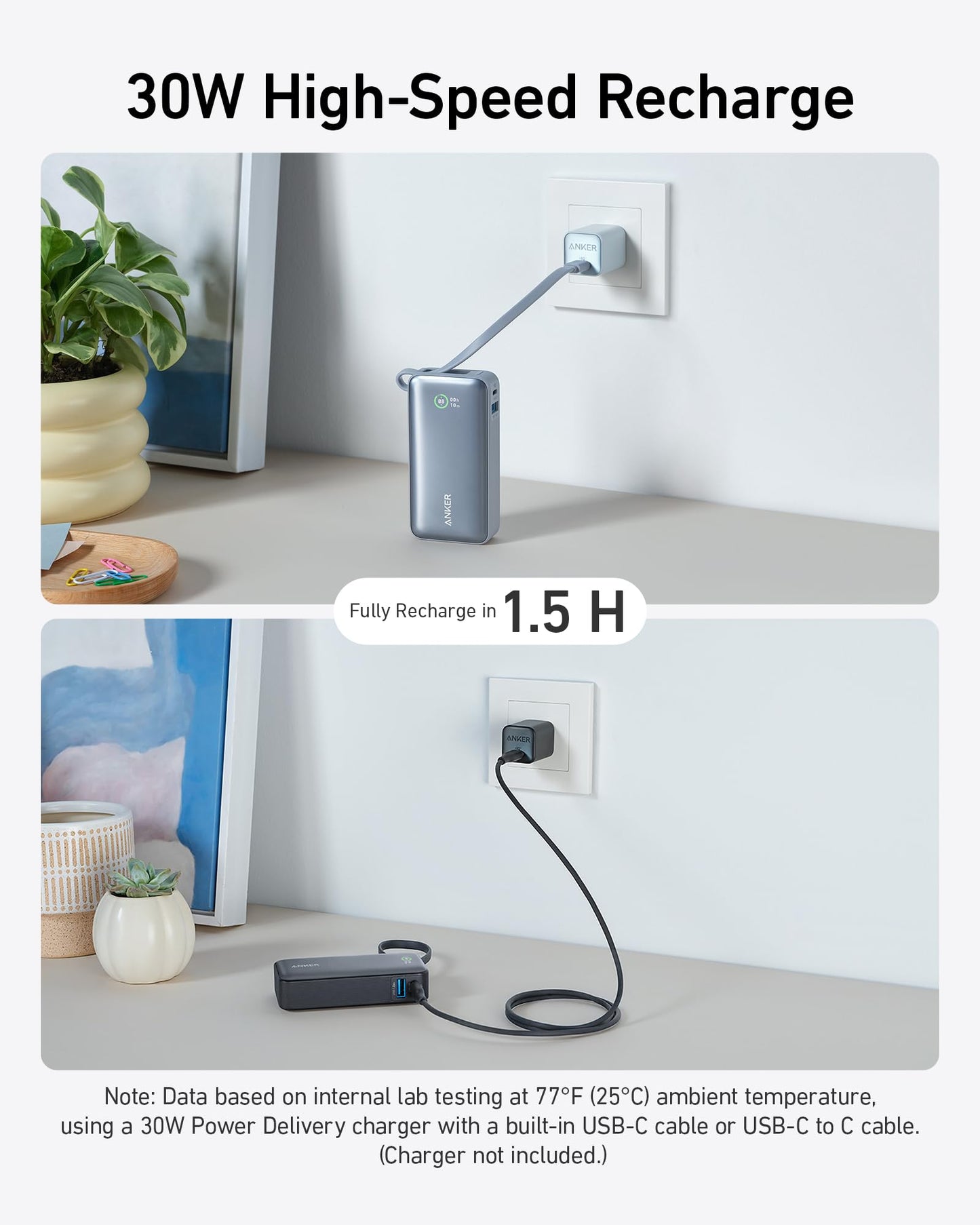 Anker Nano Power Bank,10,000mAh 30W Portable Charger,Built-in USB-C Cable
