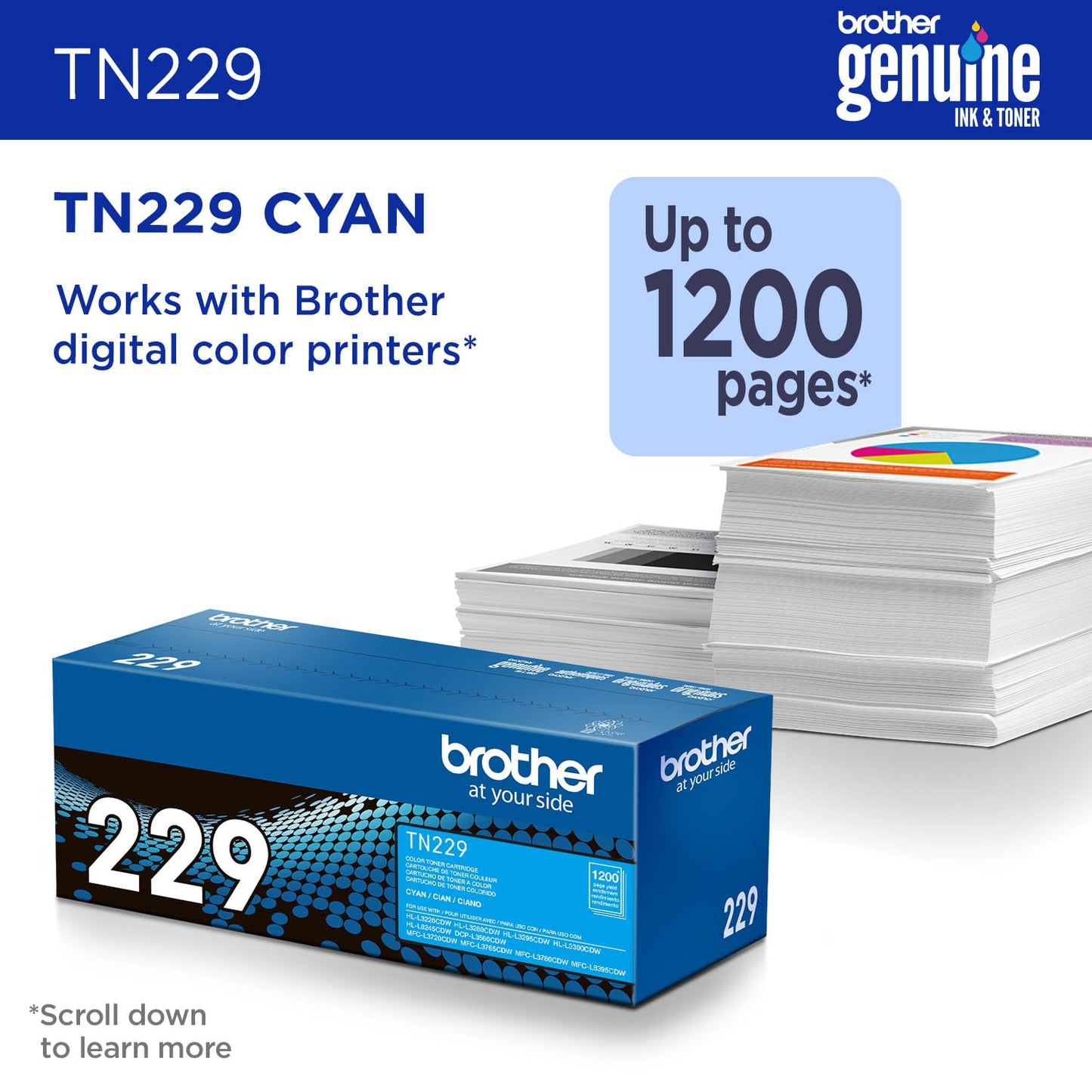 Brother Genuine TN229C Cyan Standard Yield Printer Toner Cartridge - Print up to 1,200 Pages(1)