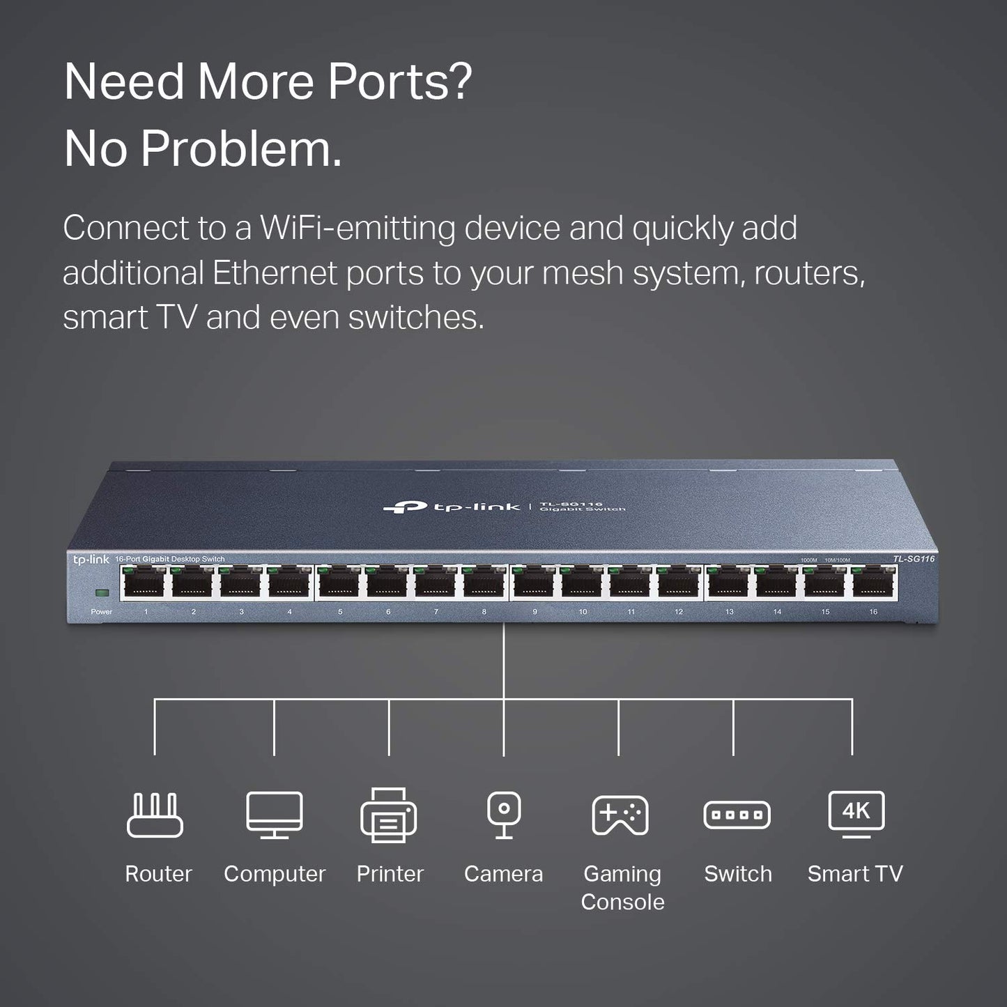 TP-Link 16 Port Gigabit Ethernet Network Switch, Desktop/ Wall-Mount, Fanless, Sturdy Metal w/ Shielded Ports, Traffic Optimization, Unmanaged