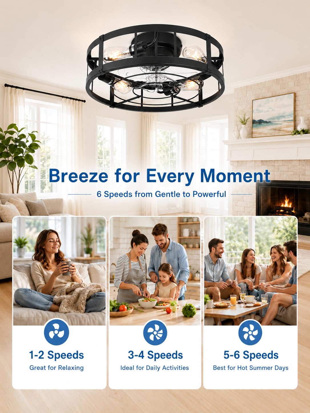 Garvee 20" Ceiling Fan with Lights, Black Cage Flush Mount Fan