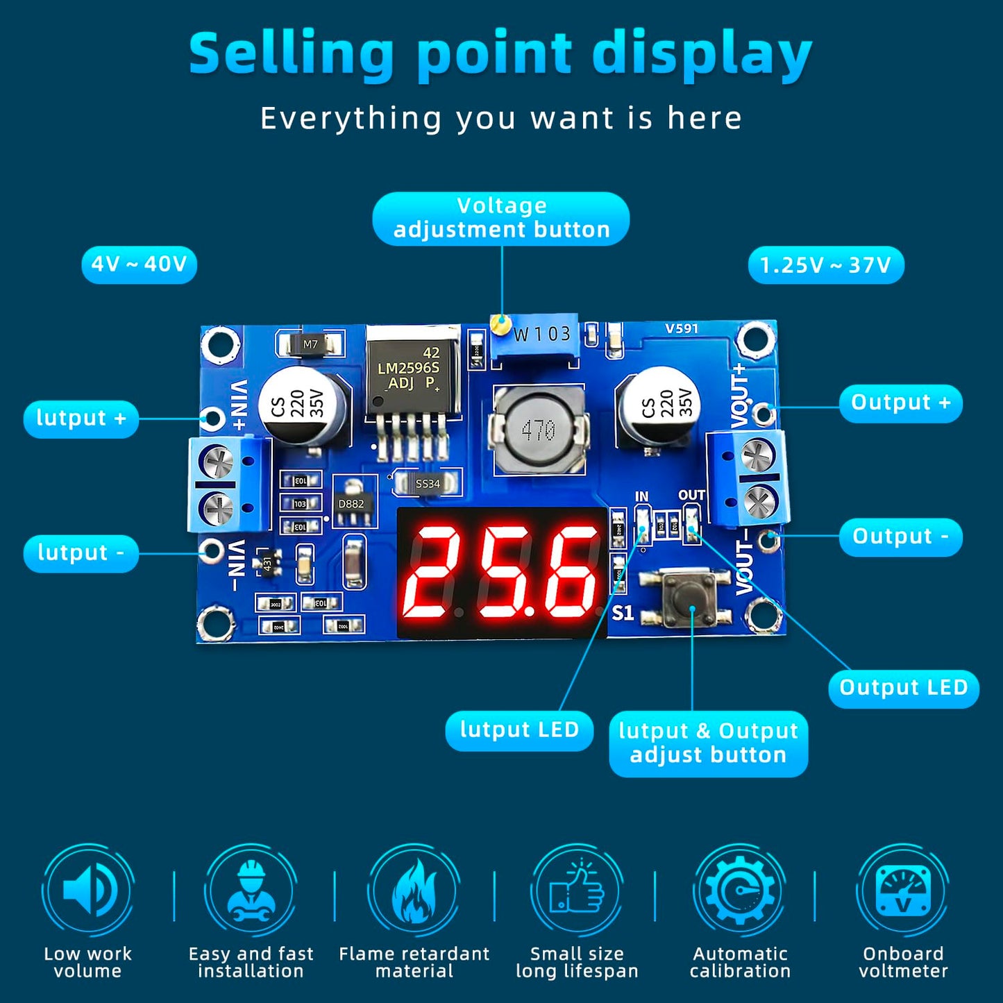 DaFuRui LM2596S DC-DC Buck Converter，5PCS LM2596 Adjustable Reduced Voltage Regulator Power Module with Digital Voltmeter Display 36V 24V 12V to 5V…