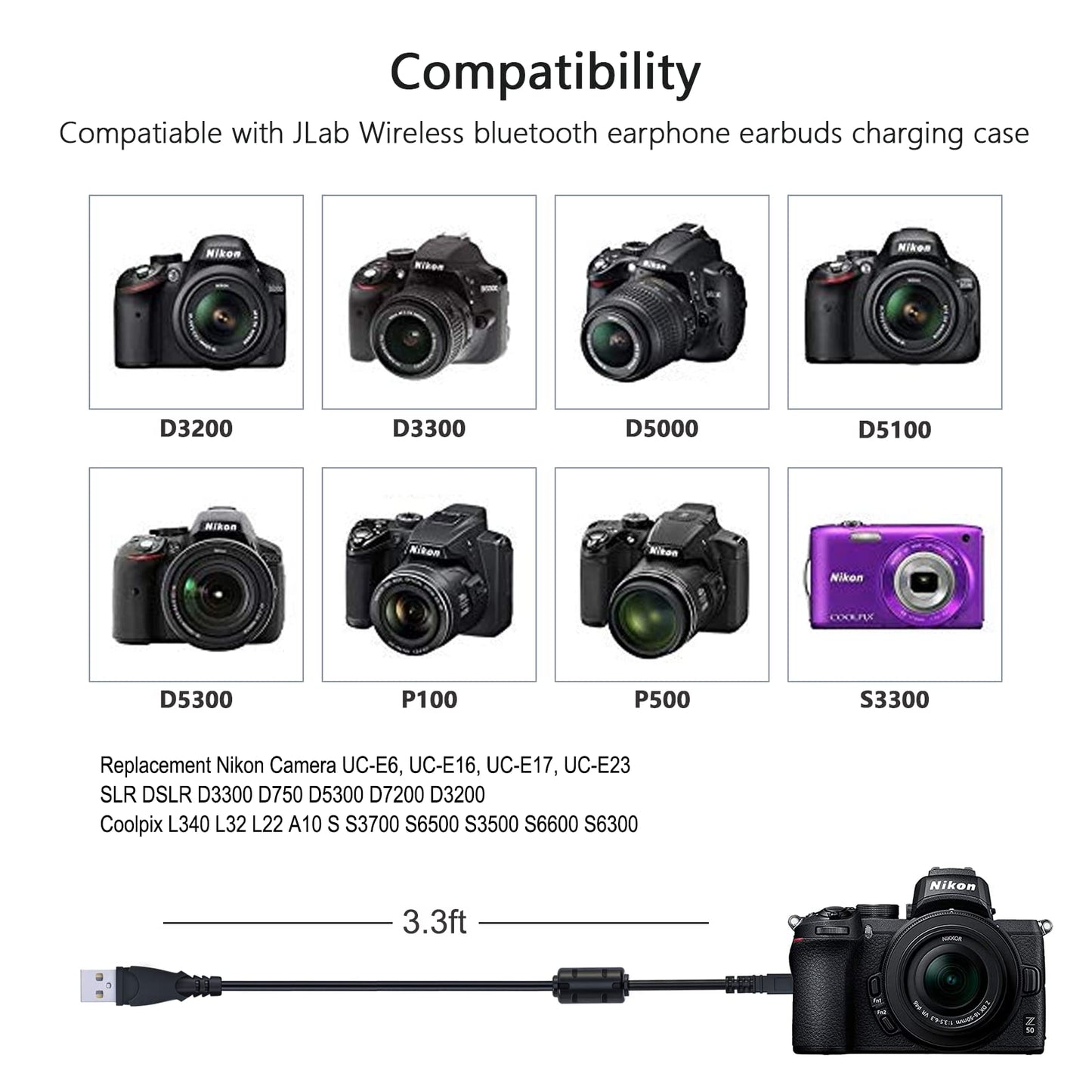 Replacement Nikon Camera UC-E6, UC-E16, UC-E17, UC-E23 USB Cable Transfer Charging Cable Cord for Nikon SLR DSLR D3300 D750 D5300 D7200 D3200