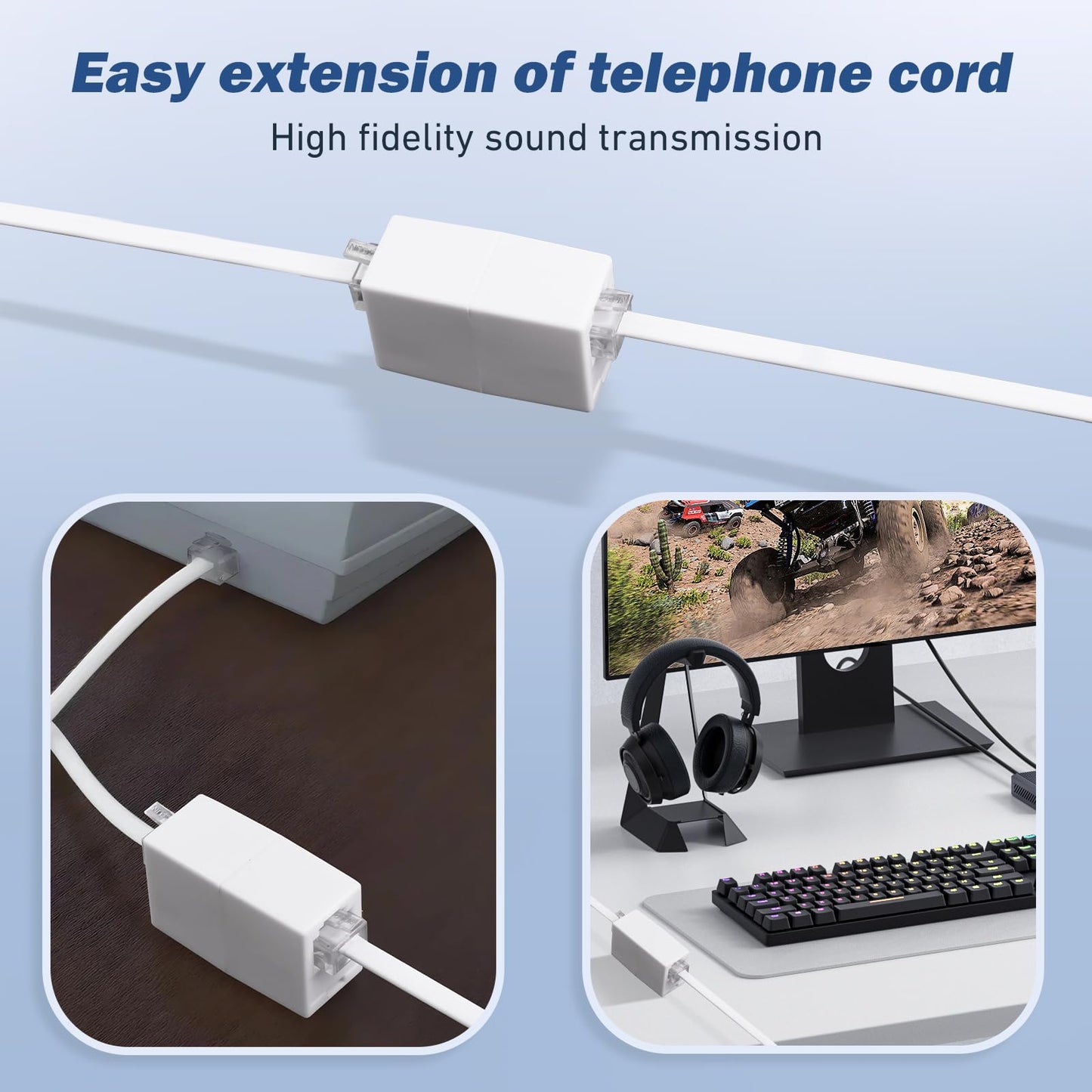 moeverEX Phone Extension Cord 25 Ft, Telephone Cable with Standard RJ11 Plug and 1 in-Line Couplers and 20 Cable Clip Holders, White