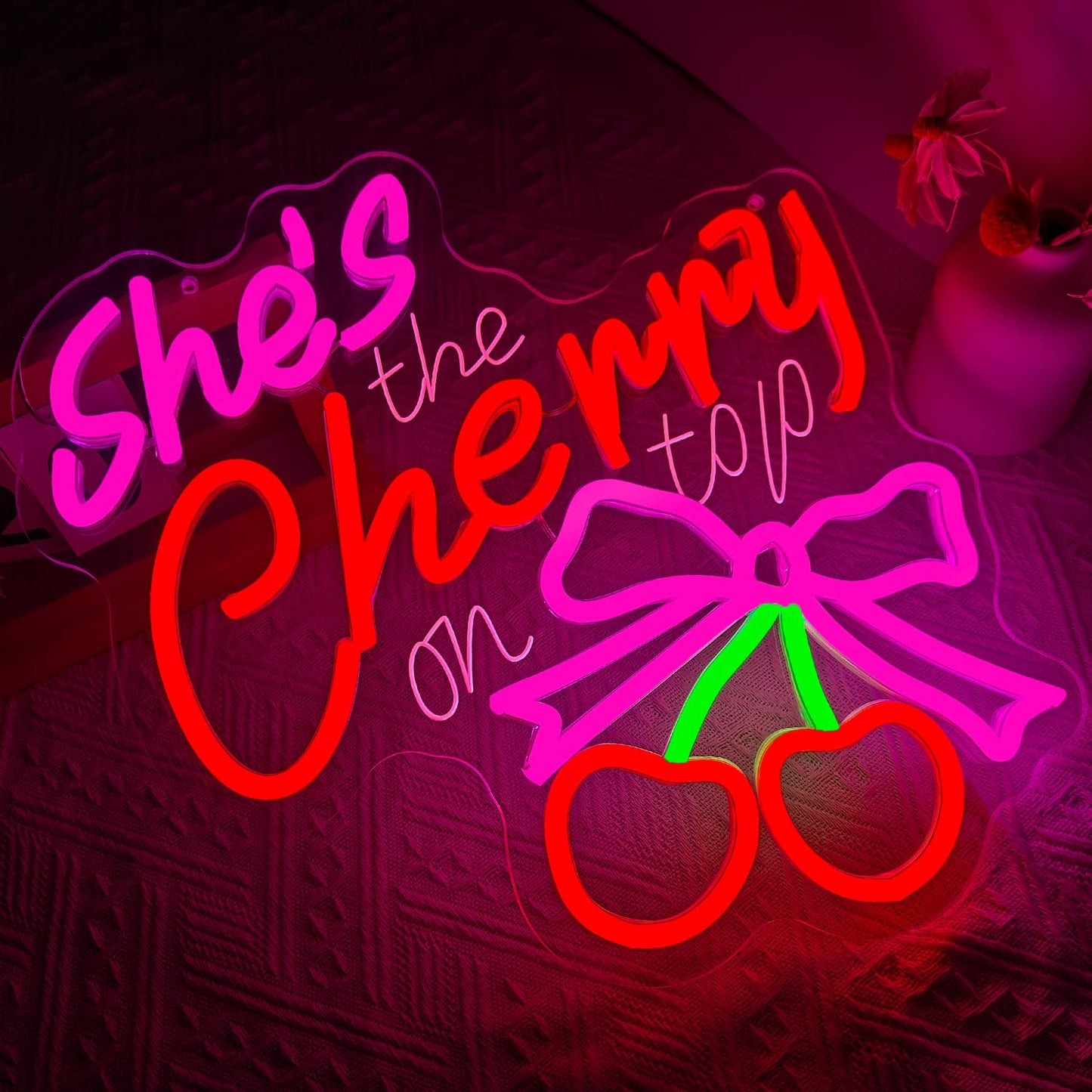 ShShe's The Cherry on Top Neon Sign Cherry Neon Light for Wall Decor Dimmable Pink Bow LED Sign for Bachelorette Party Bridal Shower Wedding Baby