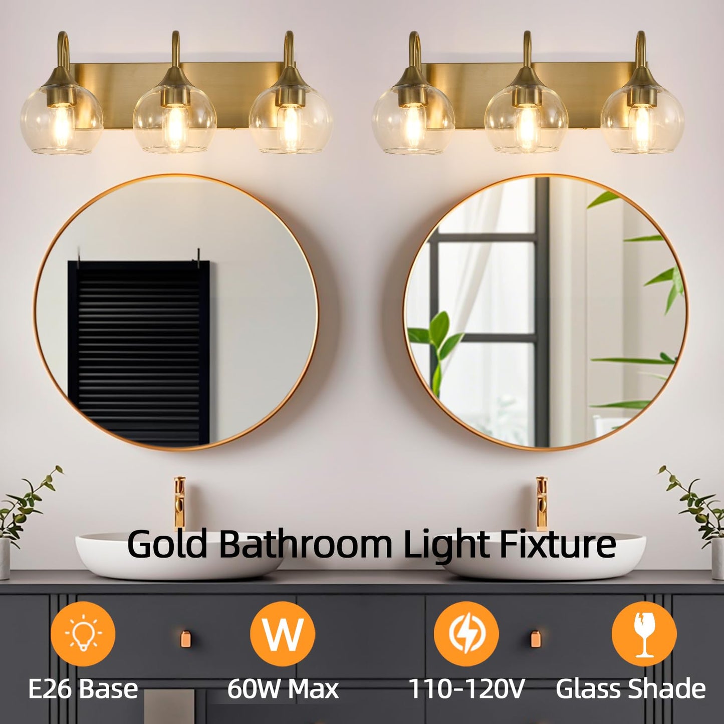 NOVCAND Gold Bathroom Light Fixtures, 3 Light Vanity Light with Clear Glass Shade,L 21" Bathroom Lighting Fixtures Over Mirror