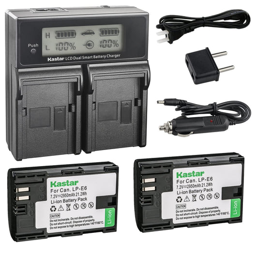 Kastar LCD Dual Smart Fast Charger & 2 x Battery for Canon LP-E6 LPE6 and Canon 70D, 5D Mark II and III, 80D, 7D Mark II, 60D, 6D, 7D DSLR Cameras