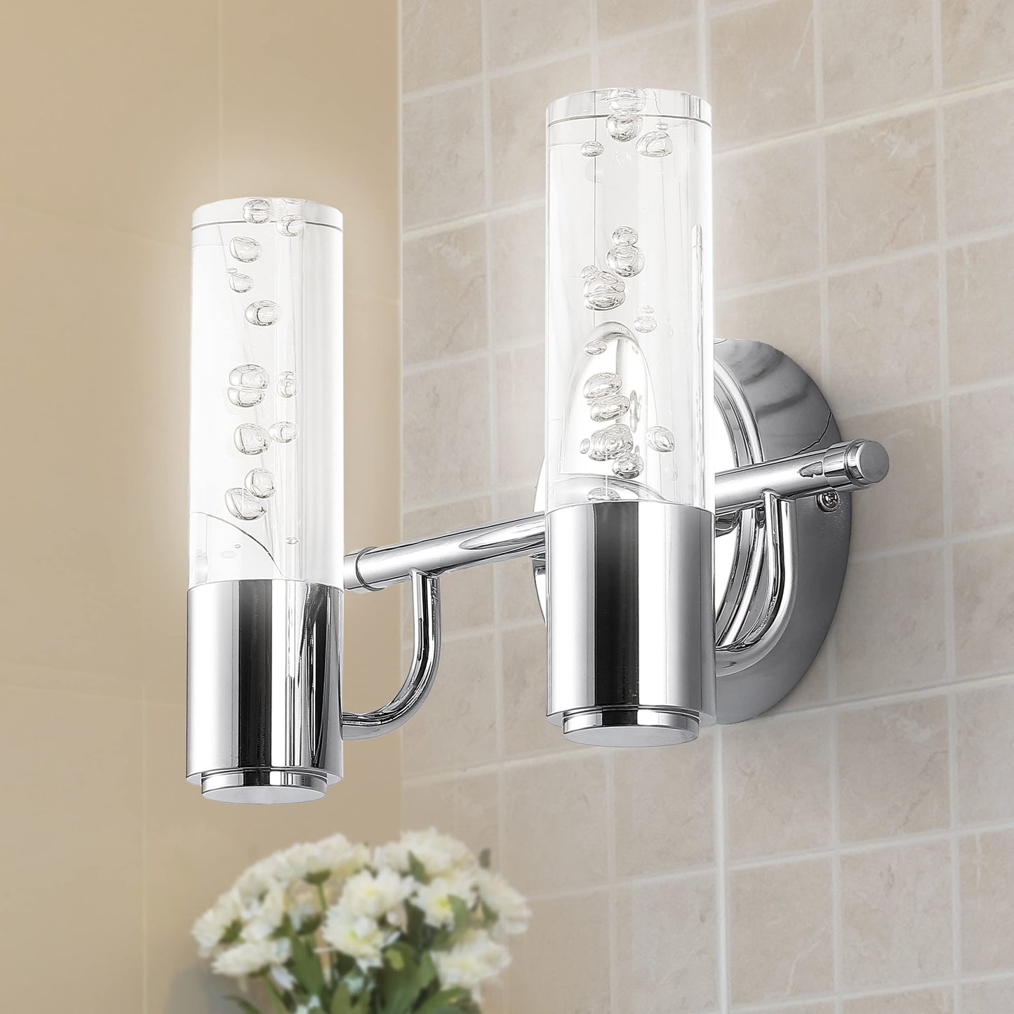 JONATHAN Y 10.75" Chrome Modern Integrated LED Vanity Light Wall Sconce for Bathroom, Clear Bubble Acrylic Shade Minimalist Art Deco Light