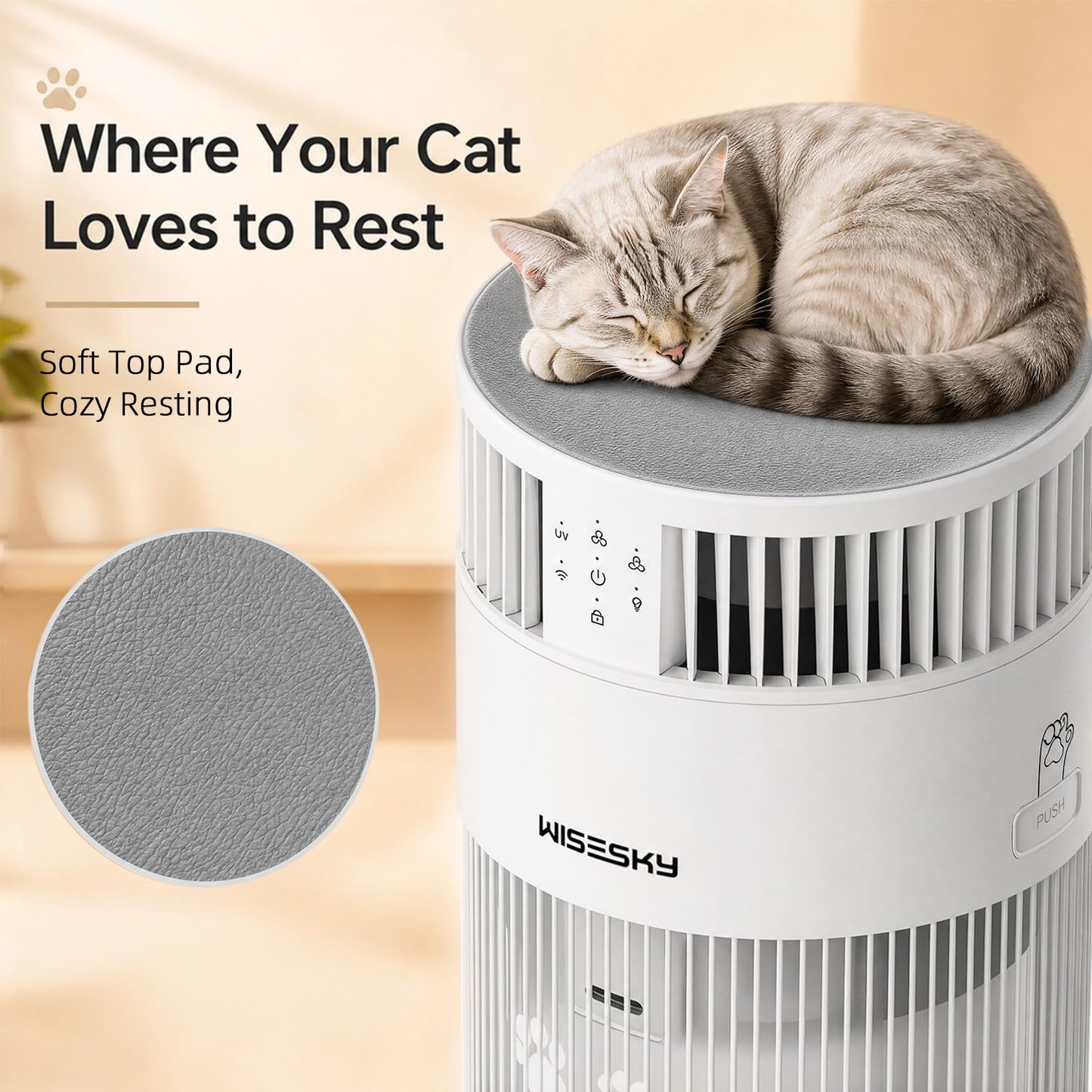 WISESKY Cat Air Purifier with Bite-Resistant Cord & Wide Grille and Tip-Over Protection | Air Purifier for Home with 360° Air Intake for Pet Hair |