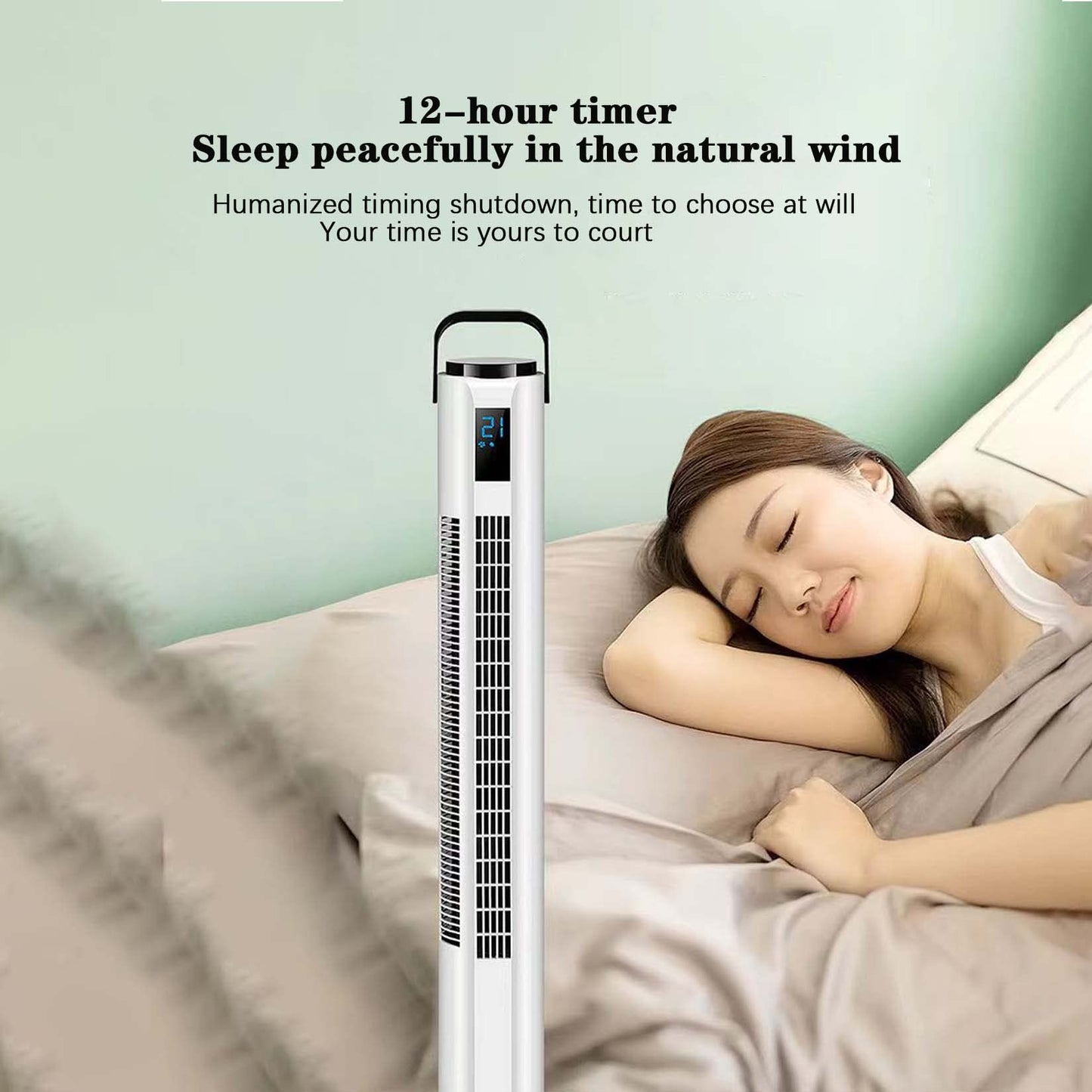 BNE Silent leafless shaking head tower fan with remote control, 3 modes, 3 speeds, LED temperature display, 12h timer, use with bedroom, living room