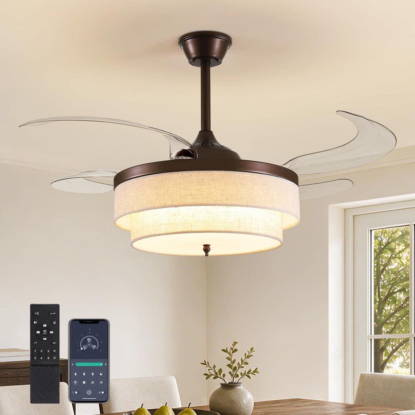 CROSSIO 48" Brown Modern Ceiling Fans with Lights Boho Fandelier Retractable Ceiling Fan Light Dimmable Fabric Chandelier Fan for Living Room Dining
