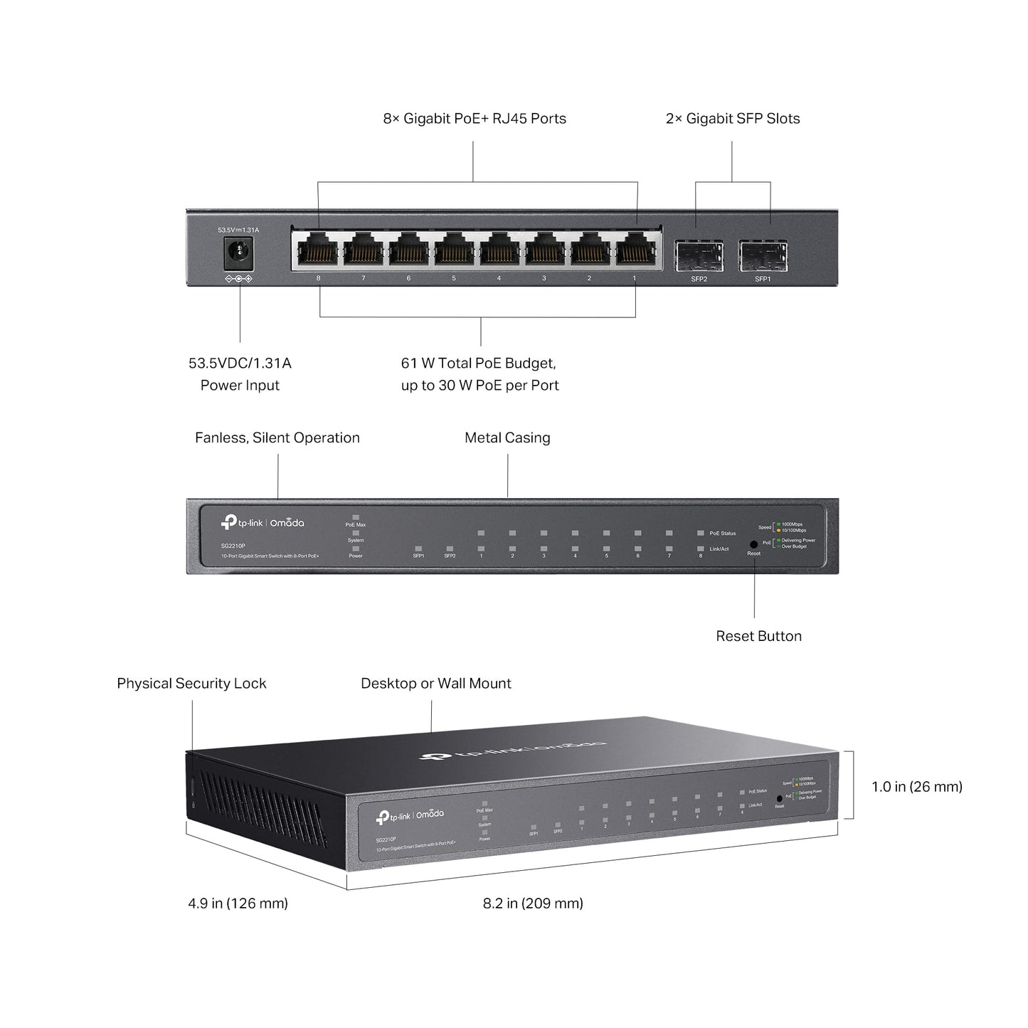 TP-Link 8-Port Gigabit Ethernet Smart PoE Switch with 2-SFP Slots 53W (TL-SG2210P)
