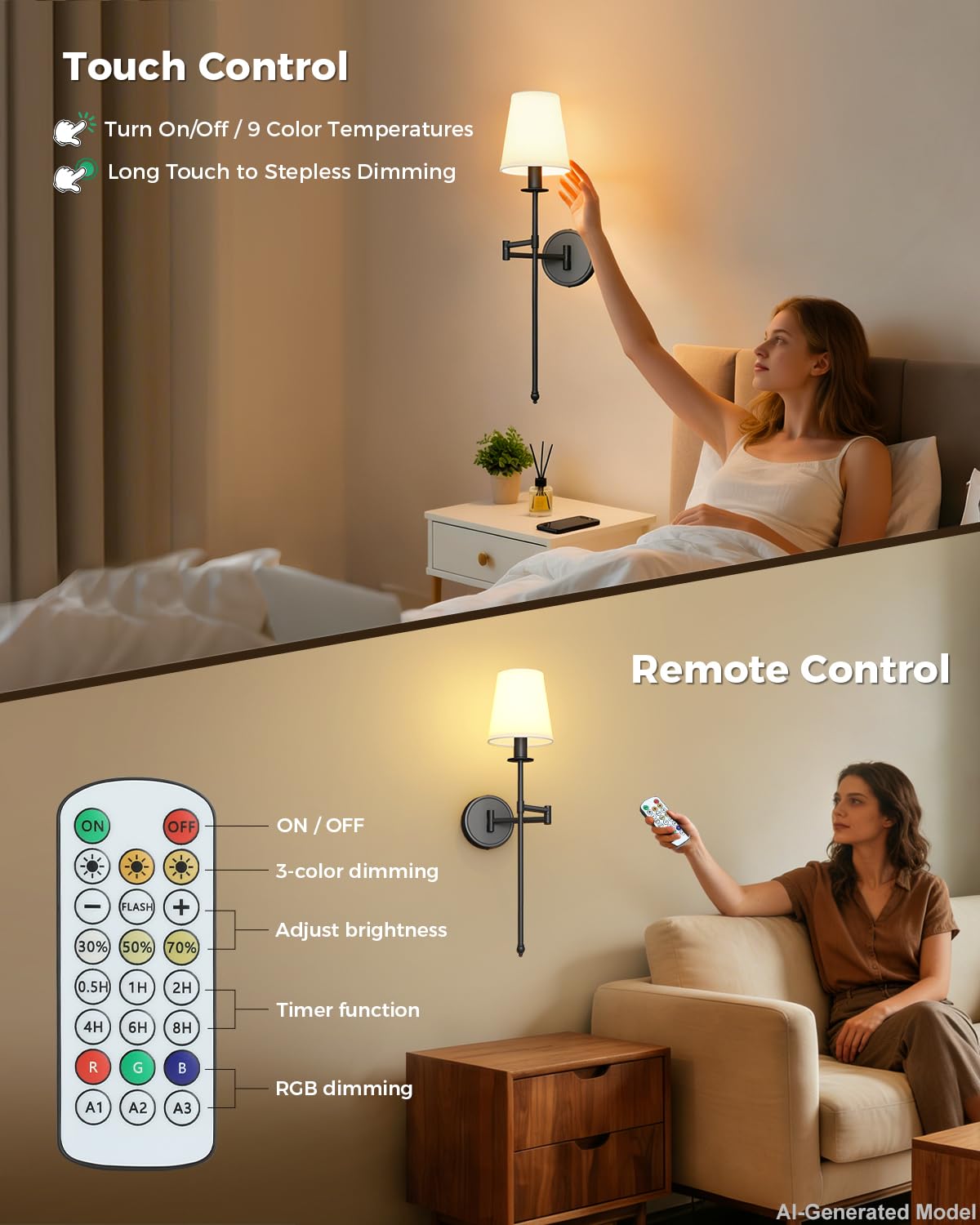 Joosenhouse Black Wireless Wall Sconces Set of 2, Battery Operated Wall Lights with Remote Control, 9 RGB Color Options, 24.8 inch Dimmable Wall