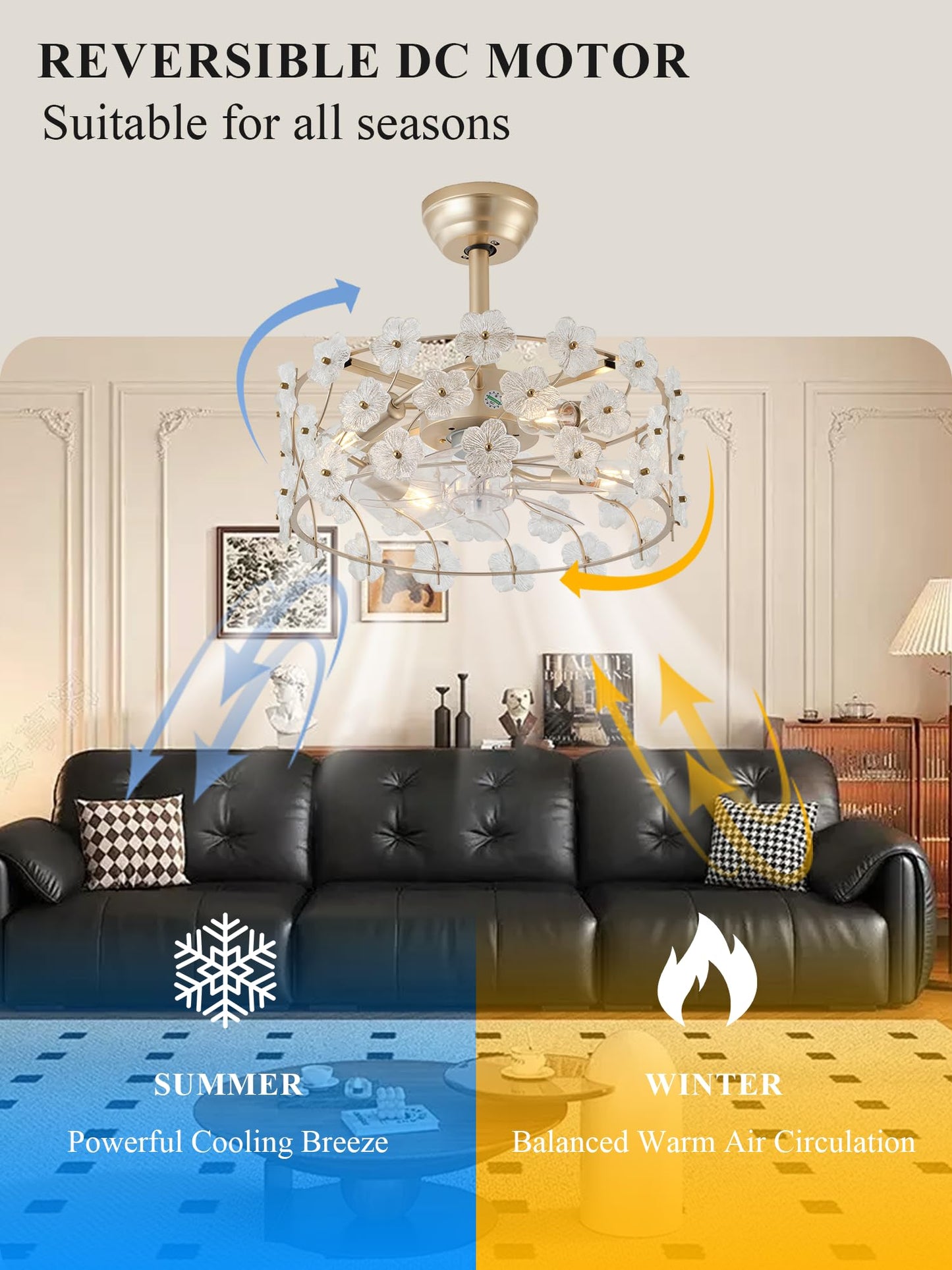jorbeca 20" Flower Gold Crystal Fandelier Ceiling Fans with Lights Caged