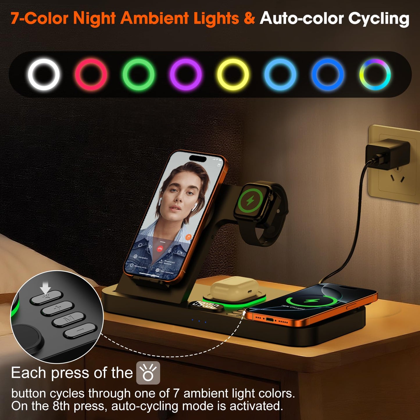 Dual Phone Magnetic Wireless Charging Station for Apple Devices/Apple Ecosystem, 7-Color Auto Light & 12H Clock, Multi-Device Charger for iPhone