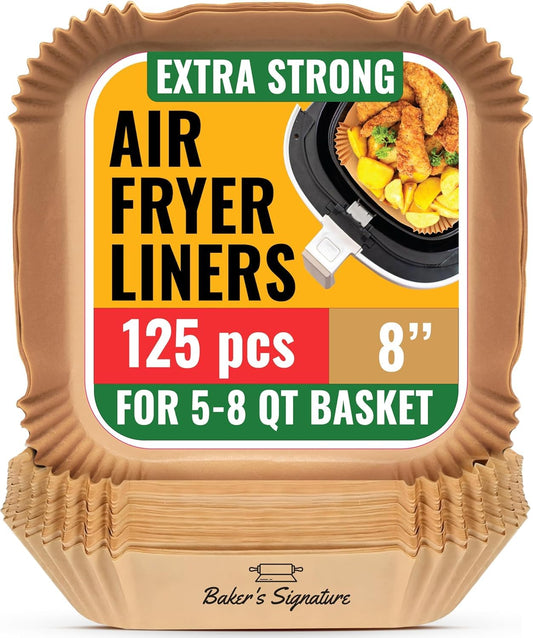 Baker's Signature Air Fryer Paper Liners, 125-Pack Disposable 8" Square, Non-Stick & Oil-Proof for 5-8 Qt Baskets, Easy Cleanup