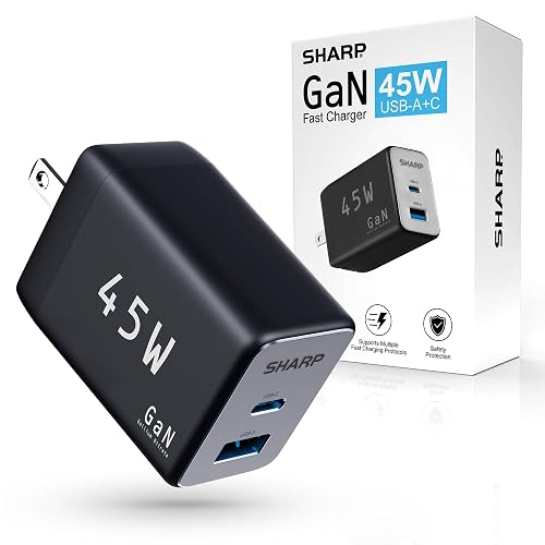 Sharp USB C Charger, 45W, 2 Port (USB A+C) Compact Foldable GaN Fast Charge for iPhone 15/15 Plus/15 Pro/15 Pro Max/14, Galaxy, Pixel 4/3, iPad/iPad