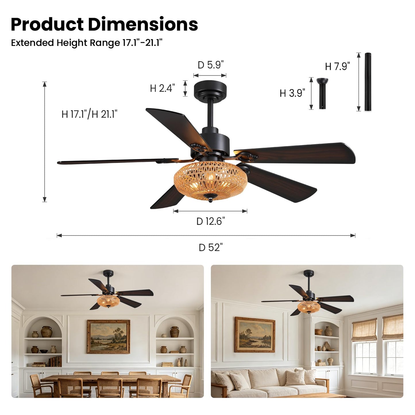 APBEAMLighting 52inch Ceiling Fan with Boho Rattan Caged Lampshade