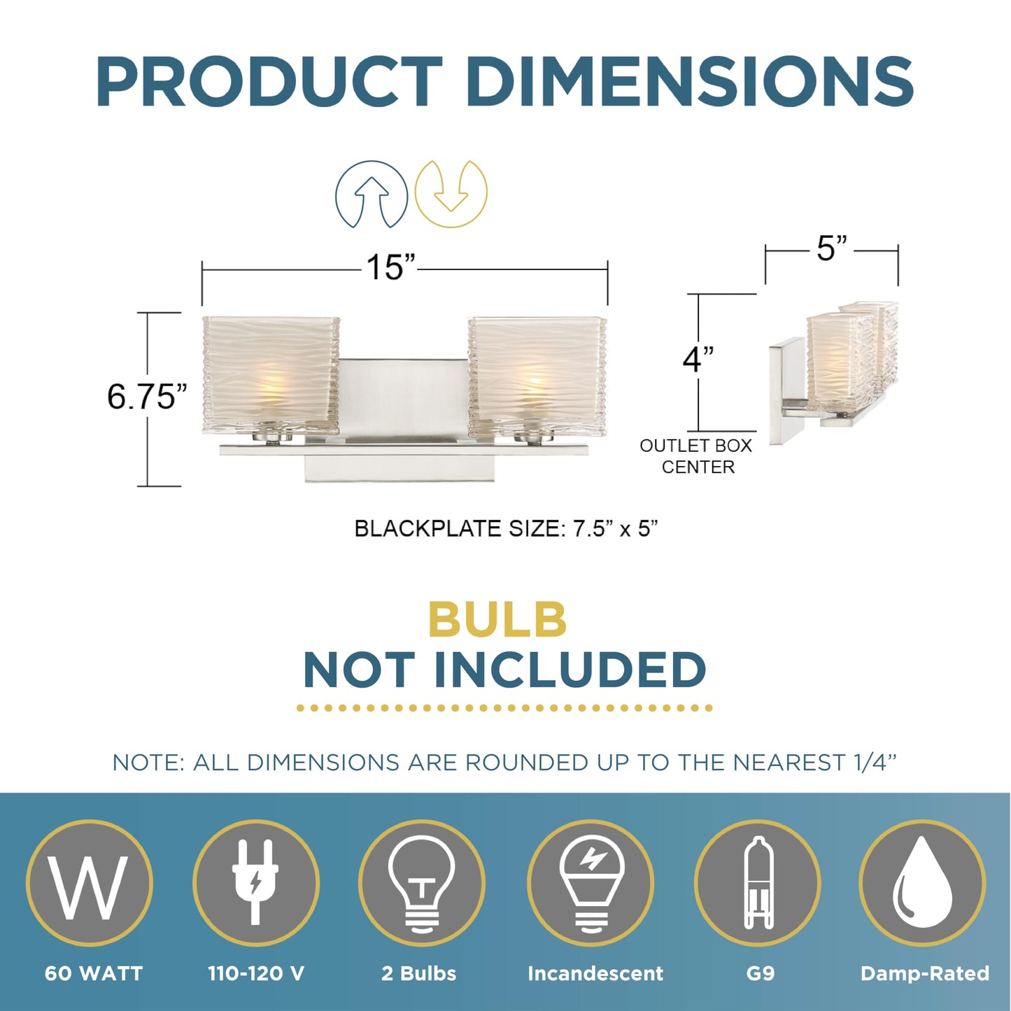 Quoizel Westcap Modern Vanity Lights, 2-Light, 15 Inch Brushed Nickel Bathroom Lighting Fixtures Over Mirror, Sandblasted Glass, G9 Bulb, Transitional