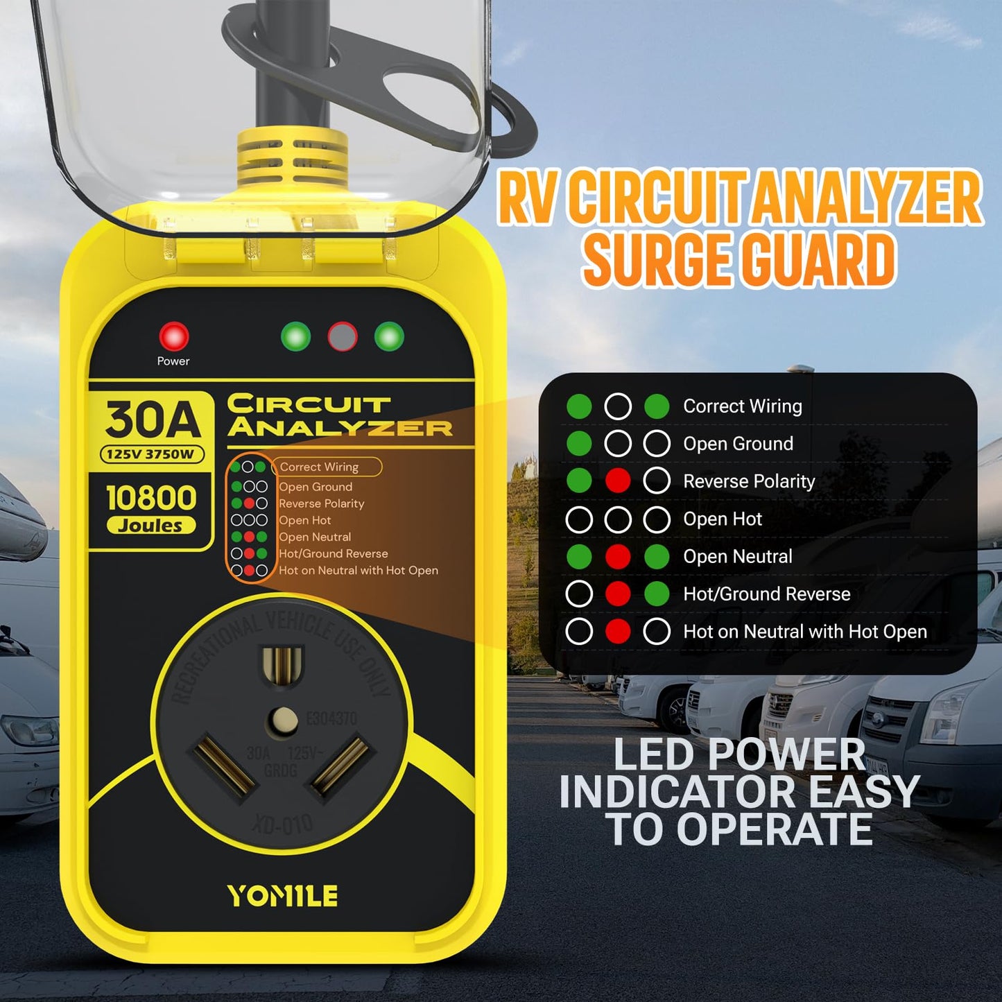 RV Surge Protector, 30 Amp 10800 Joules RV Circuit Analyzer Full Protection, IP67 Waterproof RV Adapter Plug for Camper