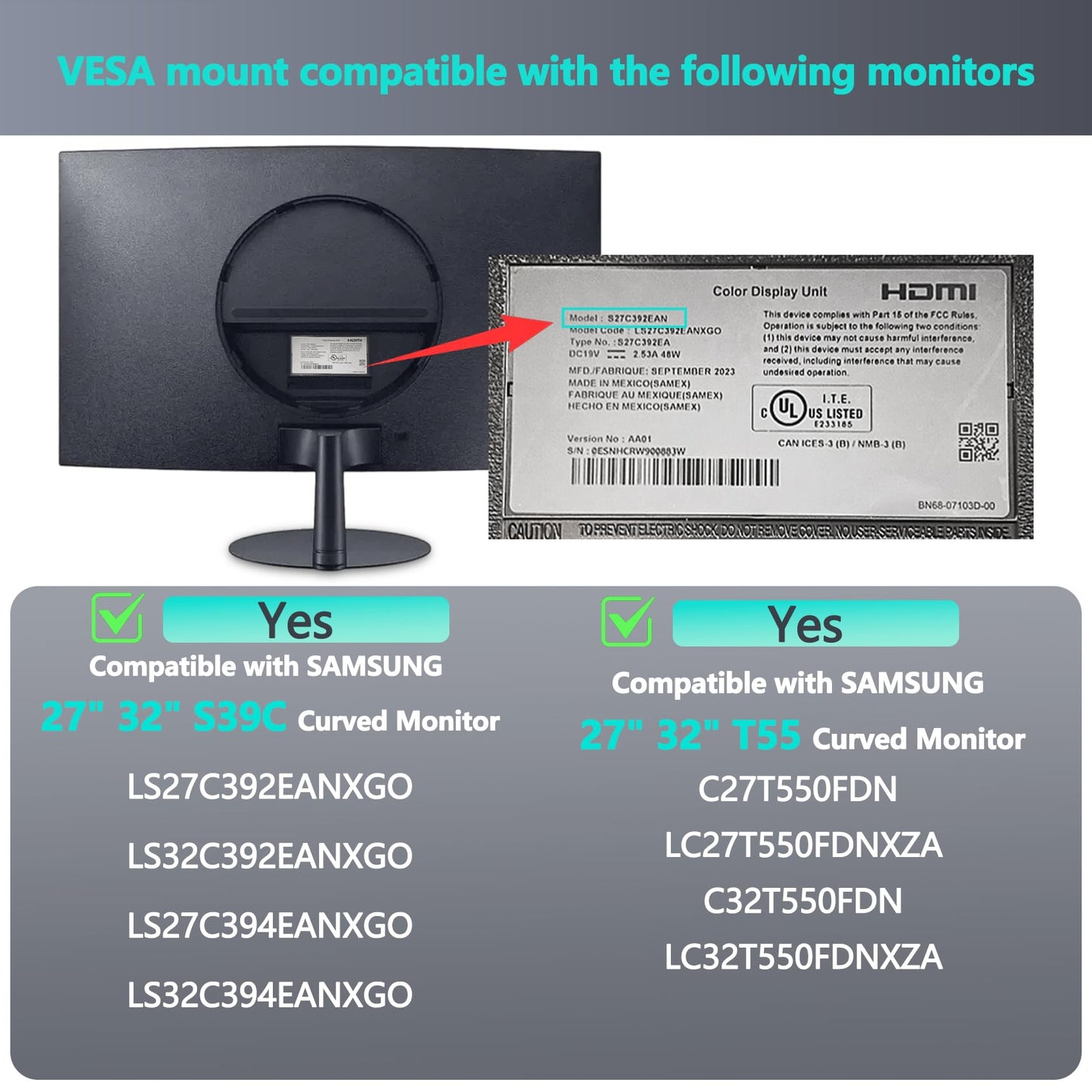 S39C Mount Adapter Compatible with Samsung S39C T55 Curved Monitor?Fits LC27T550FDNXZA, LC32T550FDNXZA, LS27C394EANXGO, LS32C394EANXGO