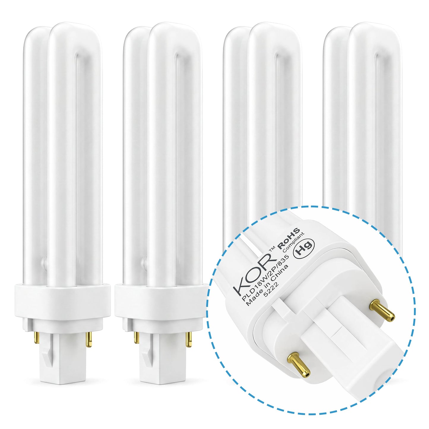 KOR 18W G24d-2 2-Pin CFL Double Tube Light Bulbs, 2700K, 4-Pack