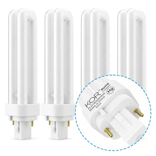 KOR 18W G24d-2 2-Pin CFL Double Tube Light Bulbs, 3500K, 4-Pack