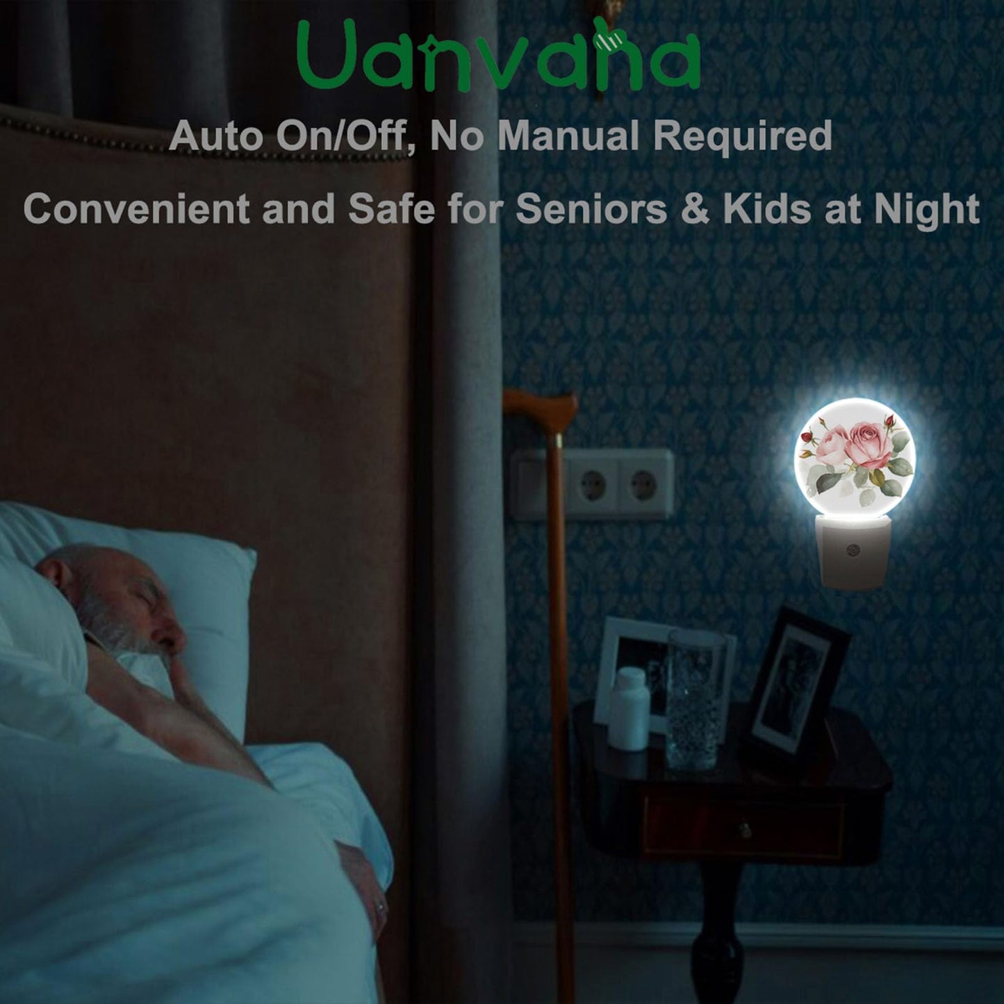 Uanvaha Retro Rose Night Light Floral Blossom Pink Rose with Green Leaf Flower Bouquet LED Dusk to Dawn Plug-in Nightlight Auto Sensor for Bedroom