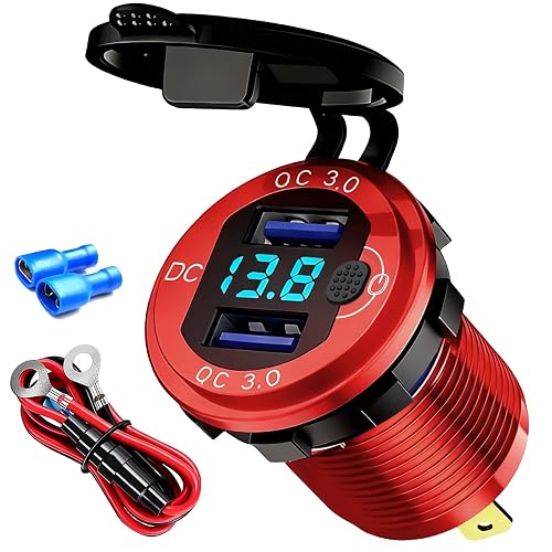 DAESENN 12V Flush Mount Car Charger, Aluminum Metal Body with LED Voltmeter and Switch, Dual QC3.0 USB Port for Marine, RV, Motorcycle & Panel