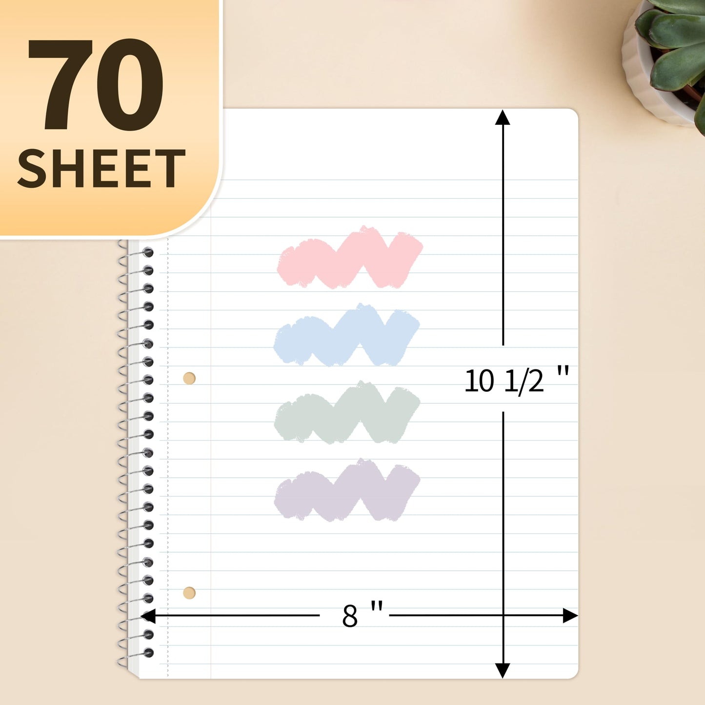 SUNEE Spiral Notebooks Wide Ruled, 1-Subject, 4 Pack, 8 x 10-1/2 in, 70 Sheets, 3-Hole Punched 70gsm Paper, Pastel Pink, Purple, Blue, Green