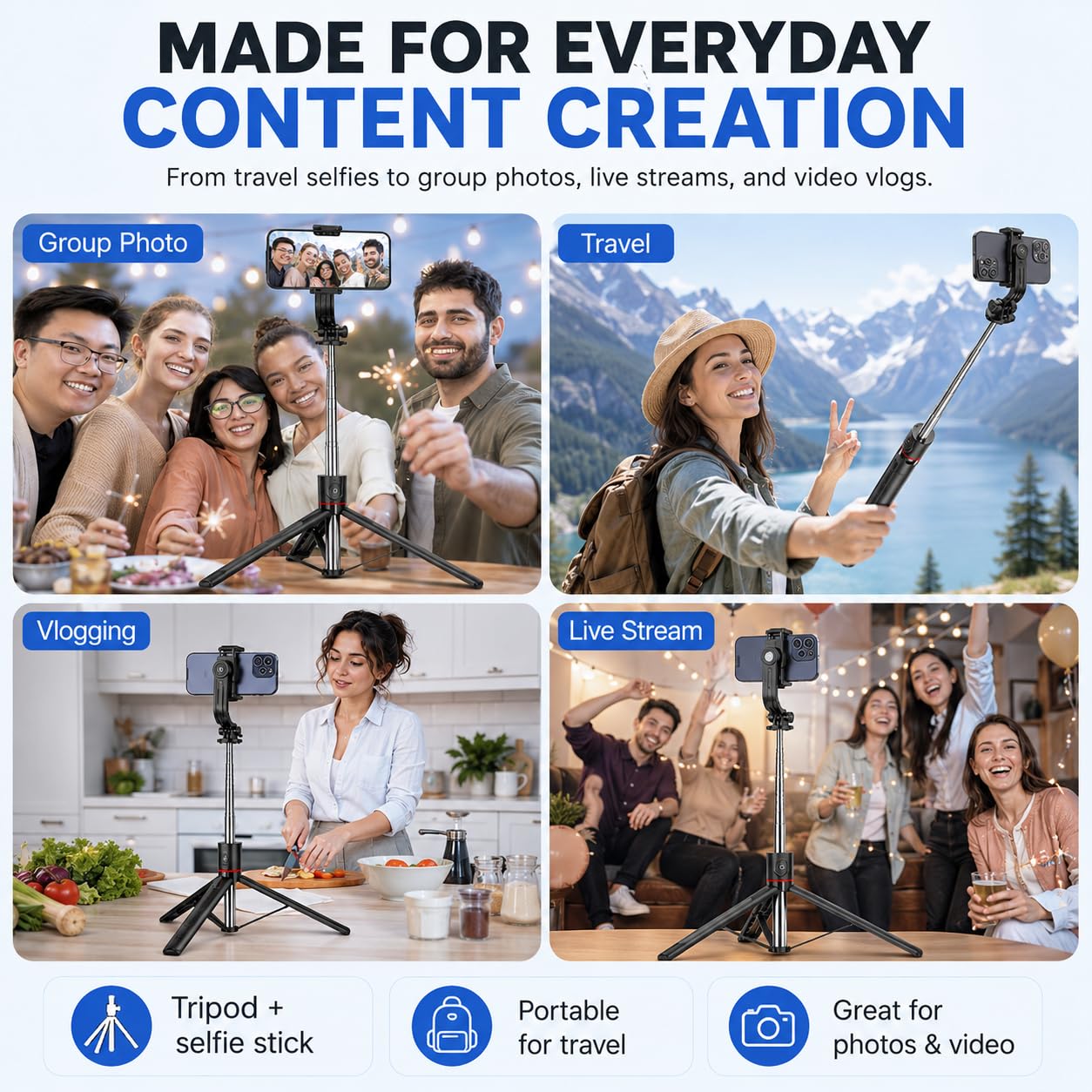 67" Detachable Phone Tripod Selfie Stick, Extendable Portable Cell Phone Stable Camera Easy Selfie Tripod Stand, with Wireless Remote, Ideal