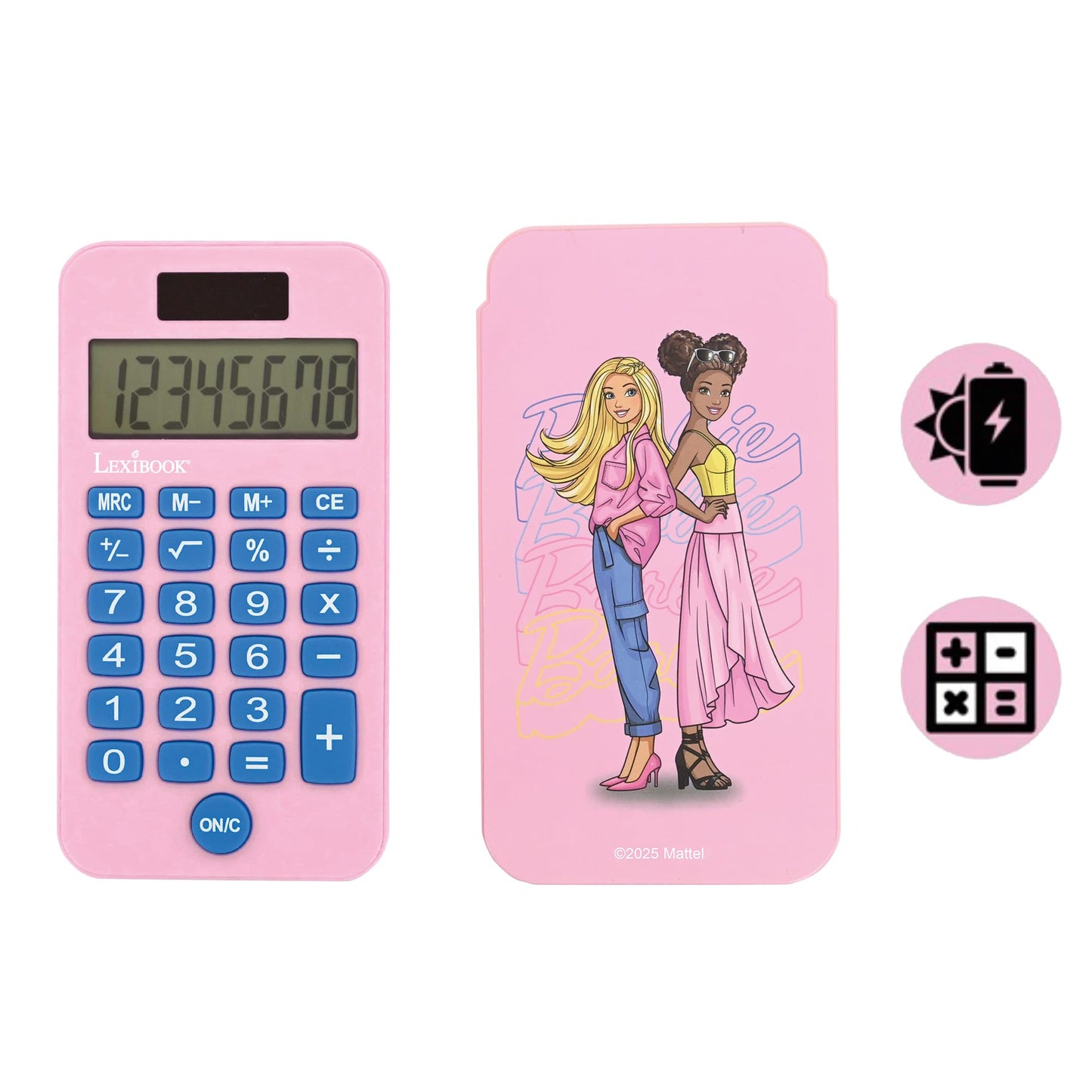 Lexibook, Mattel Barbie, Barbie Pocket Calculator with Protection Cover, Conventional and Advanced Calculator Functions, Battery and Solar-Powered