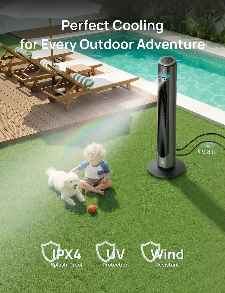 DREO - 42 in. 12 Speeds Smart Outdoor Misting Tower Fan in Black w/Remote, 20 ft Mist, 150° Oscillation, UV-Resistant - Gray (Renewed)