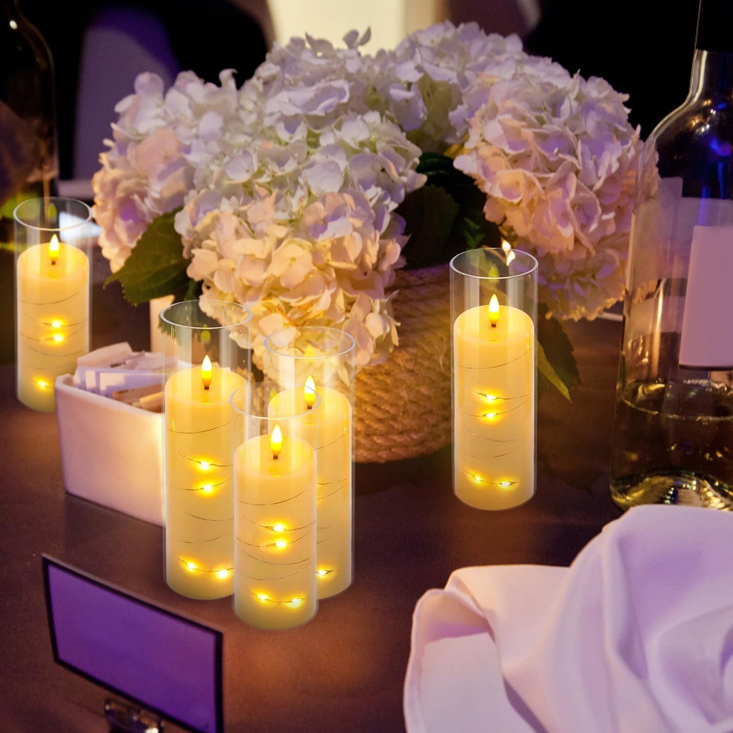 CAKETYCG 24 Pcs LED Flameless Candles with Remote, 3D Flickering Flame & LED String Lights, Acrylic Clear Cylinder, Timer Function, Romantic Ambience