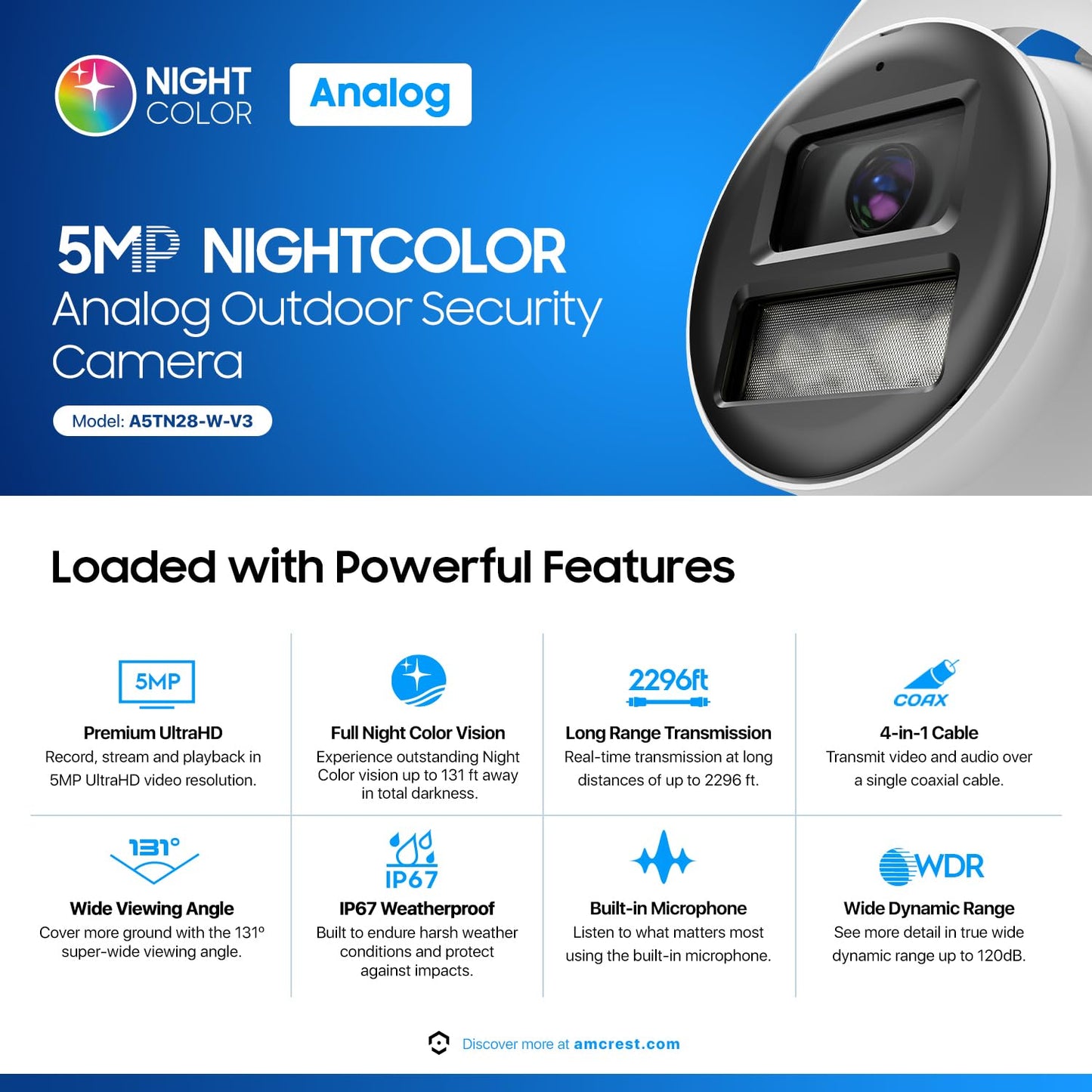 Amcrest Analog 5MP NightColor Outdoor Security Camera, Turret 5MP @ 25fps, CCTV-Coax-BNC, 131ft Full Color Night Vision, Mic, 132° FOV (Not an IP