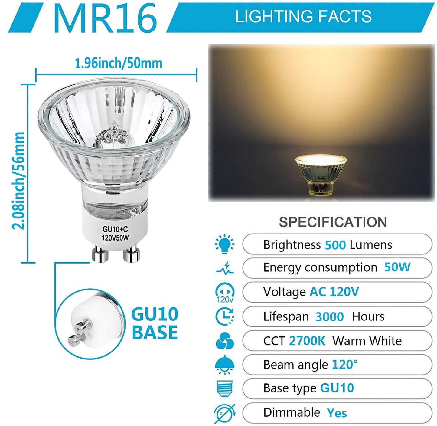 GU10 Halogen Light Bulbs,50W 110-130V Candle Warmer Lamp Bulb ,6 Pack
