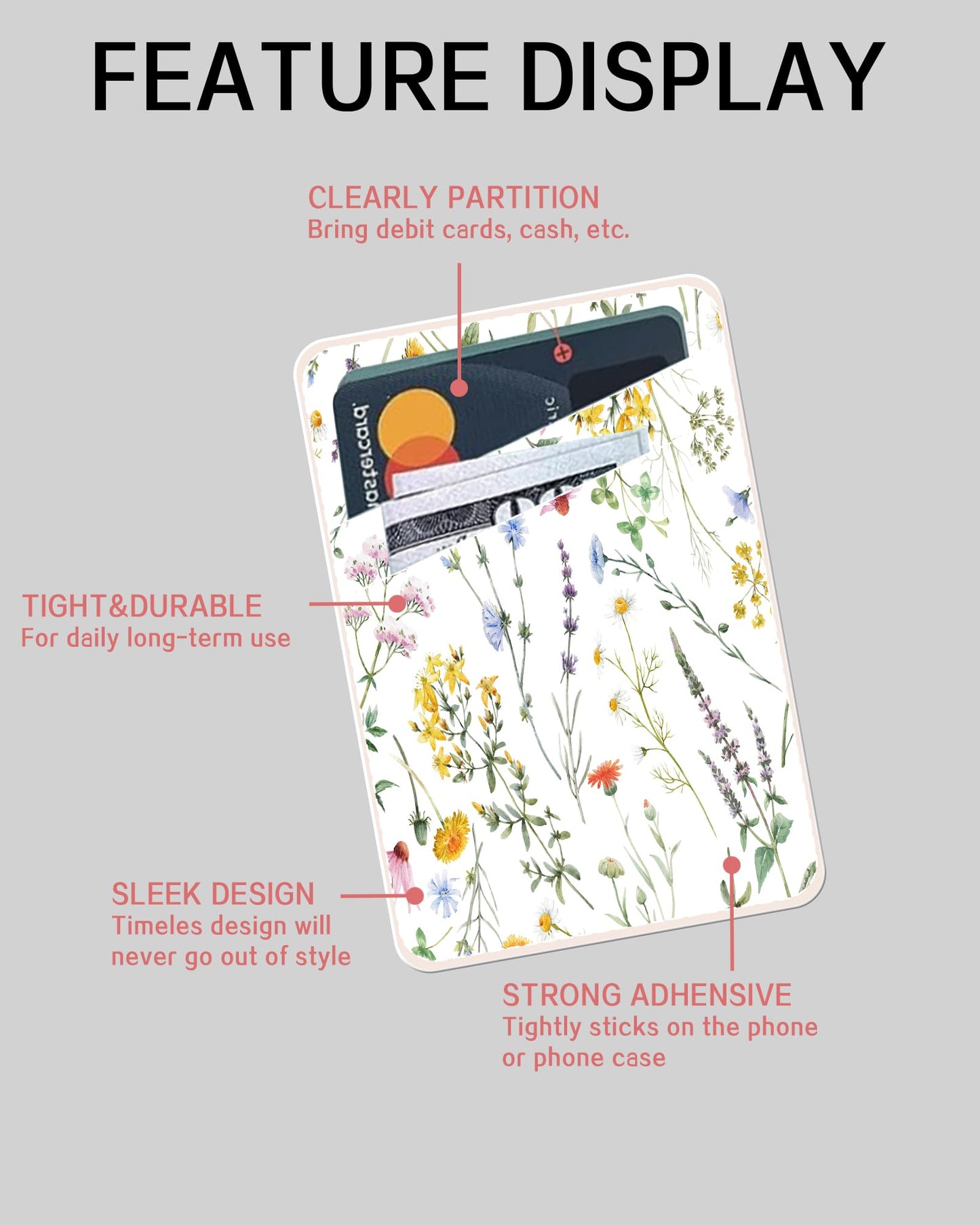 ADBOR Leather Phone Card Holder, Dual Pocket Phone Wallet Stick On, Cute Card Holder, Credit Card Holder Boho Flowers Leaf
