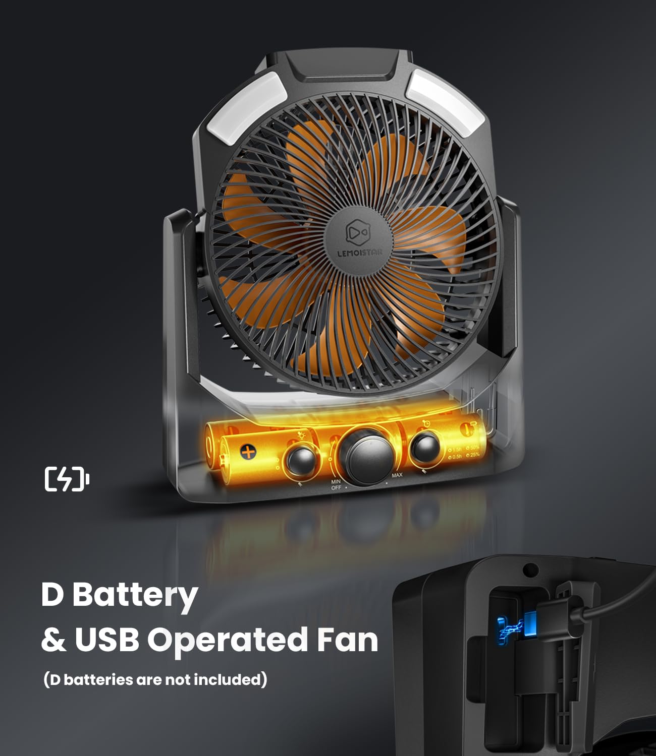 Camping Fan with LED Lantern, 8 Inch D-Cell Battery Operated Desk Fan with Timer, High Velocity Stepless Speed Control, Quiet,SOS Light, 180° Rotation