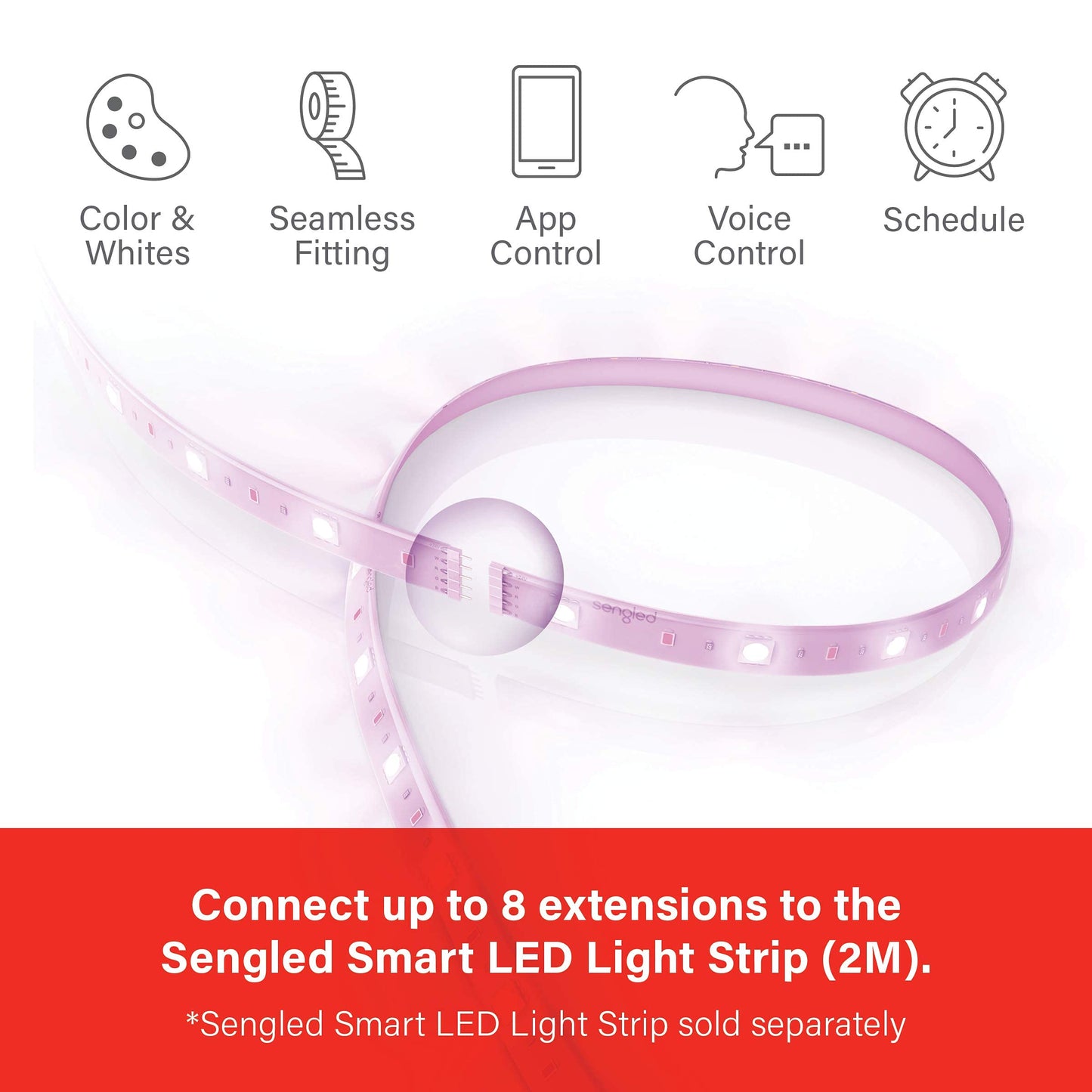 Sengled Smart Zigbee Multicolor Light Strip, 2M (6.56ft) Base Kit, Hub Required, Also Compatible with Alexa & Google Assistant, RGBW, Extendable, High