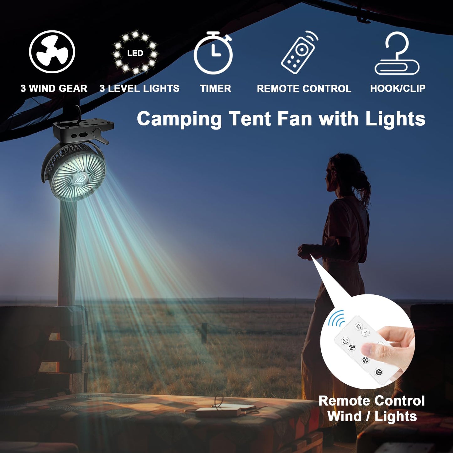 OUTERFAN Portable Fan with Remote Control & Timer & LED Lights, 60hrs 12000mAh USB Rechargeable Battery?Clamp/Hanging/Stand Up, Small Clip on Fan