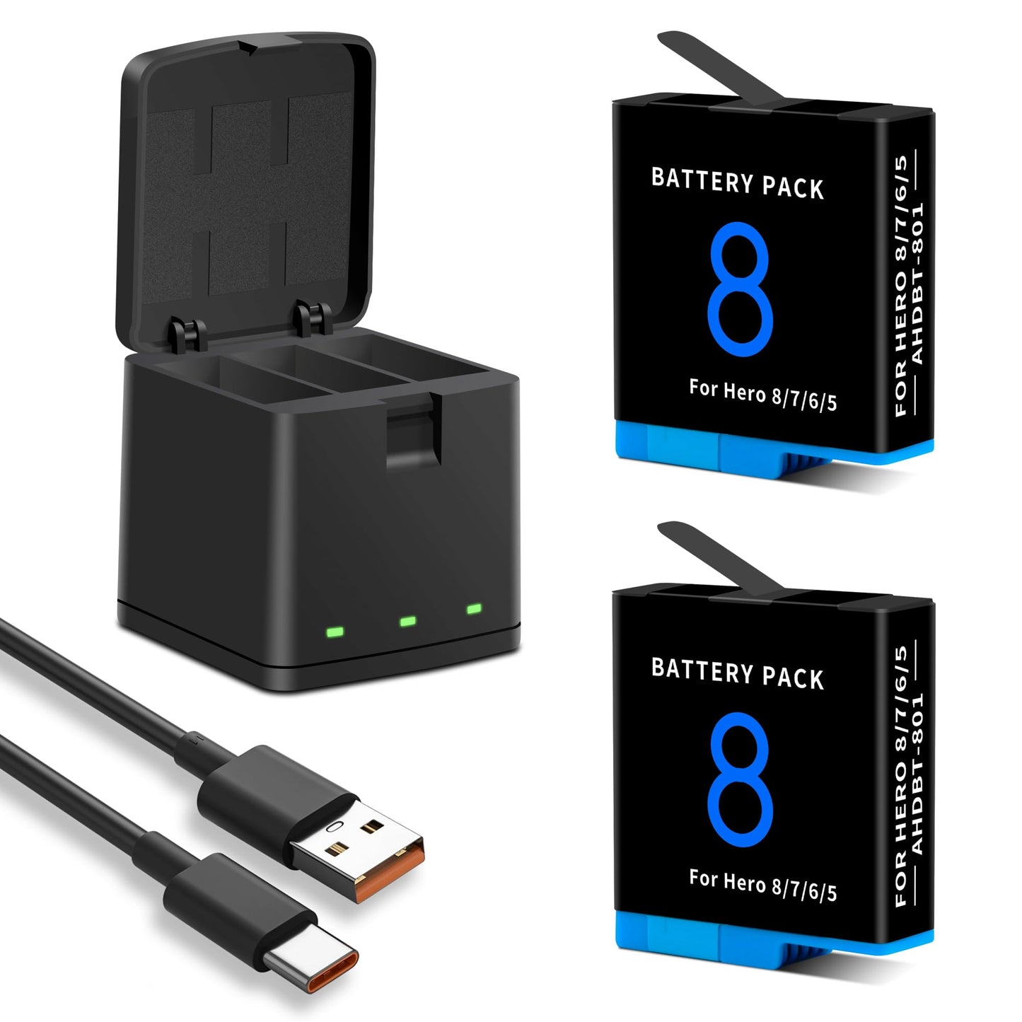 1500mAh 2-Pack Battery Compatible for Hero 8/7/6/5 Black Official with 3-Channel LED USB and Type-C Fast Storage Charger Box, Compatible with Hero 8