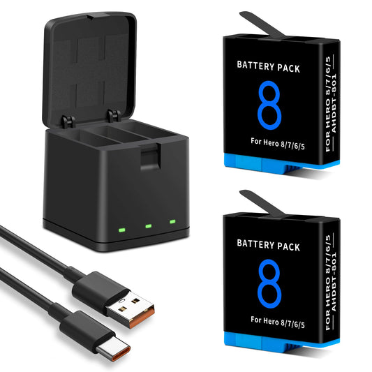 1500mAh 2-Pack Battery Compatible for Hero 8/7/6/5 Black Official with 3-Channel LED USB and Type-C Fast Storage Charger Box, Compatible with Hero 8